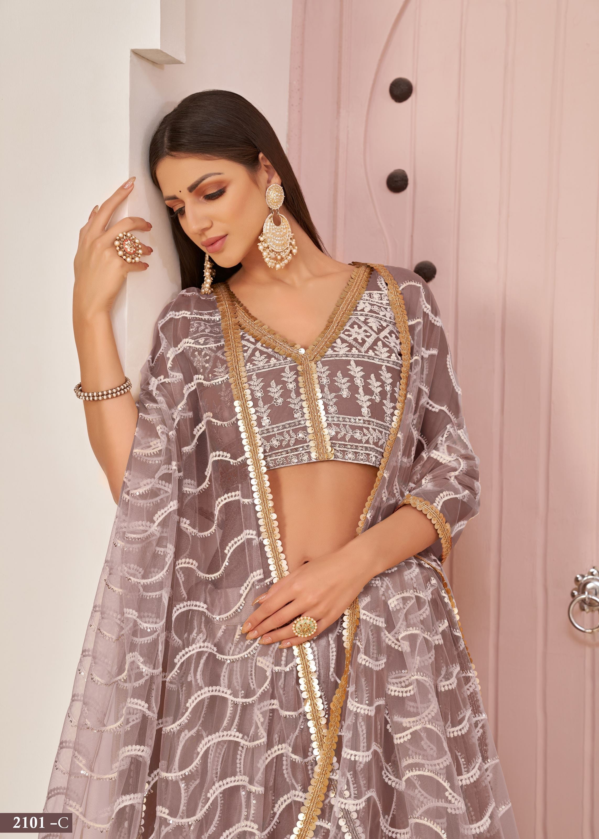 OnionPink Net Lehenga Choli With Thread Embroidery Work