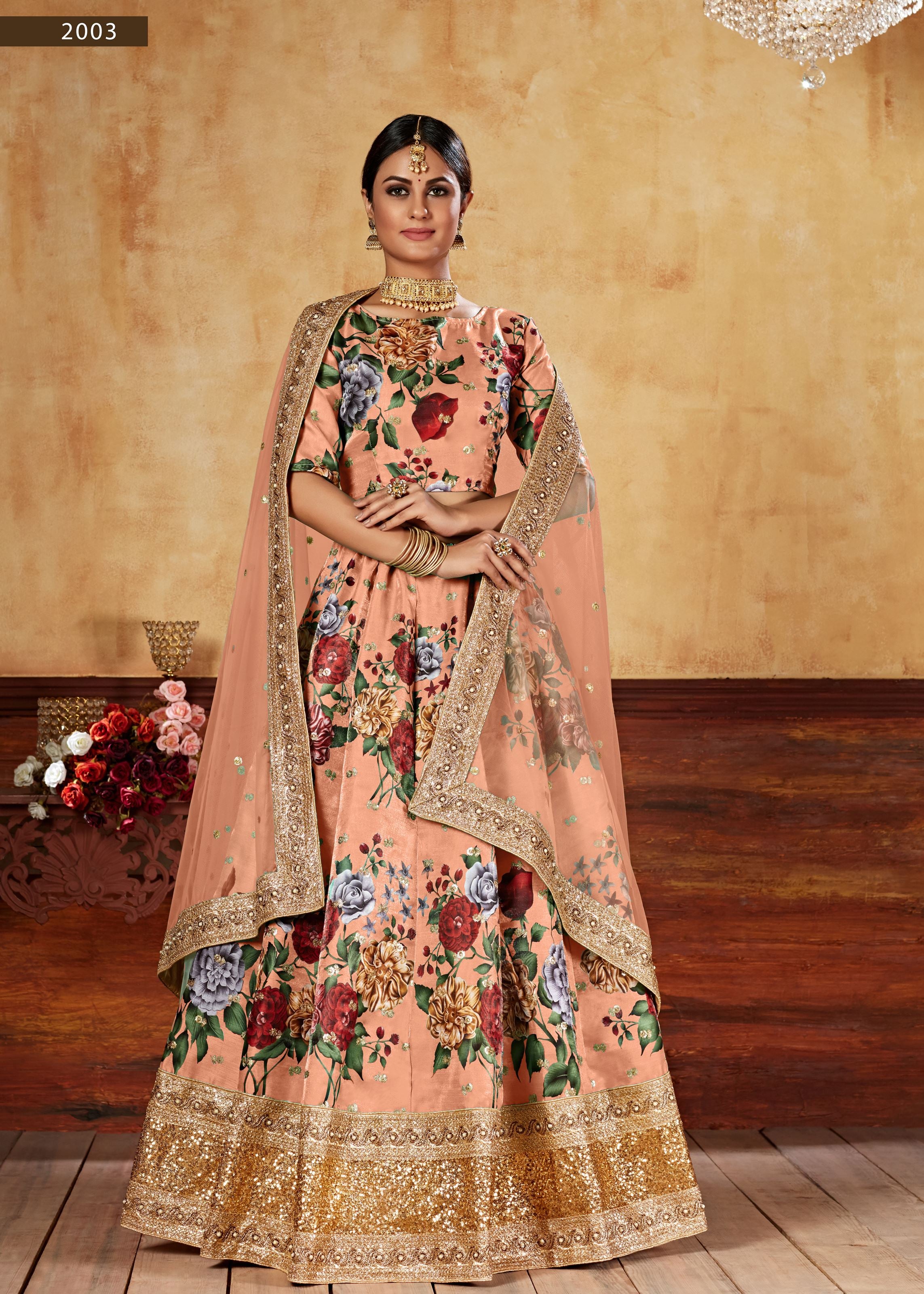 Orange Lehenga Choli With Digital Print And Dori With Jari Sequins Butti,Embroidered Border And Pearl Work