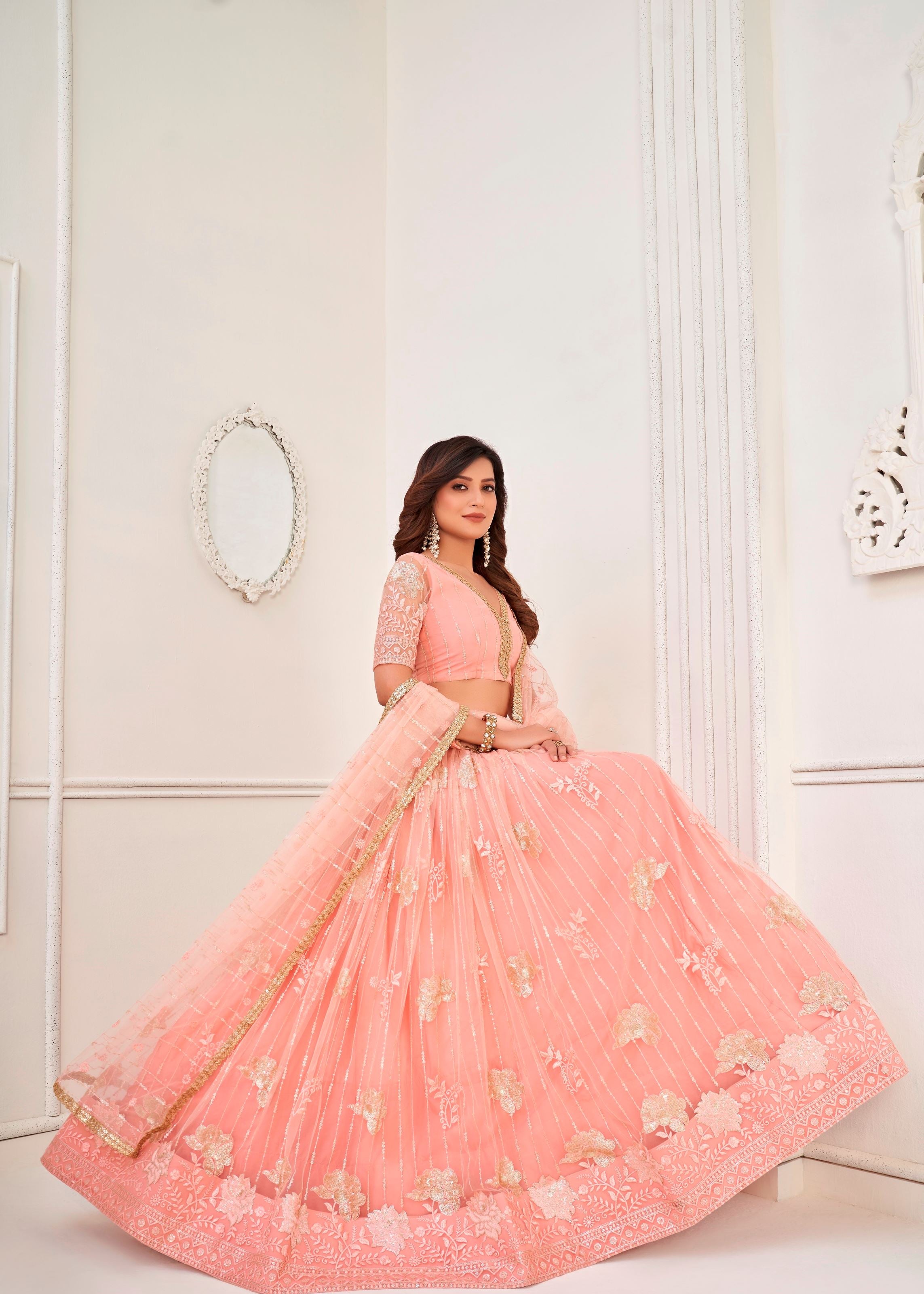 Peach Butterfly Net Lehenga Choli With Tone To Tone Thread Embroidery And Sequins Work