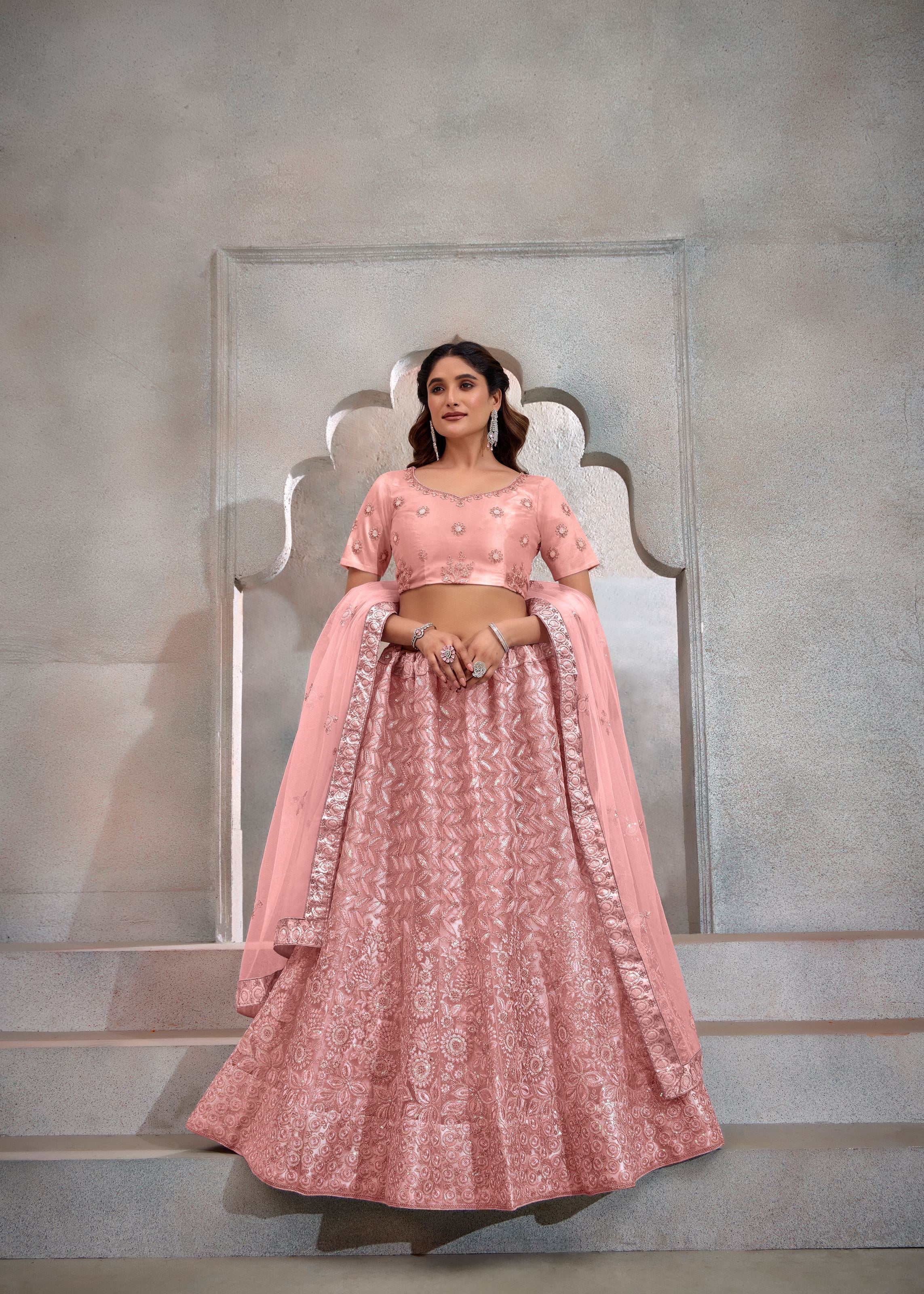 Peach Net Lehenga with Chic Sequin Work