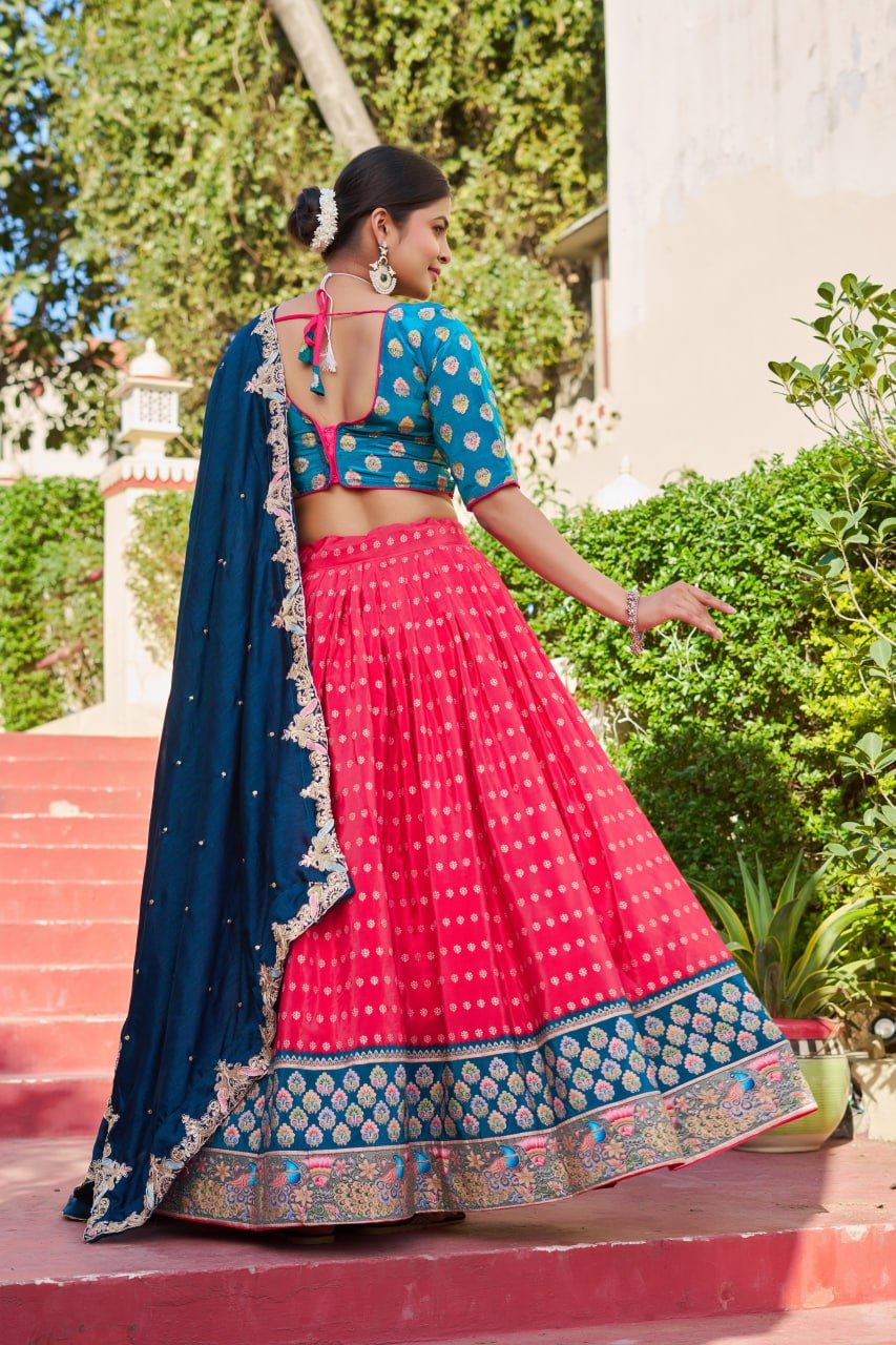 Pink Lehenga Choli with Viscose Position Print and Jacquard Touch-Up