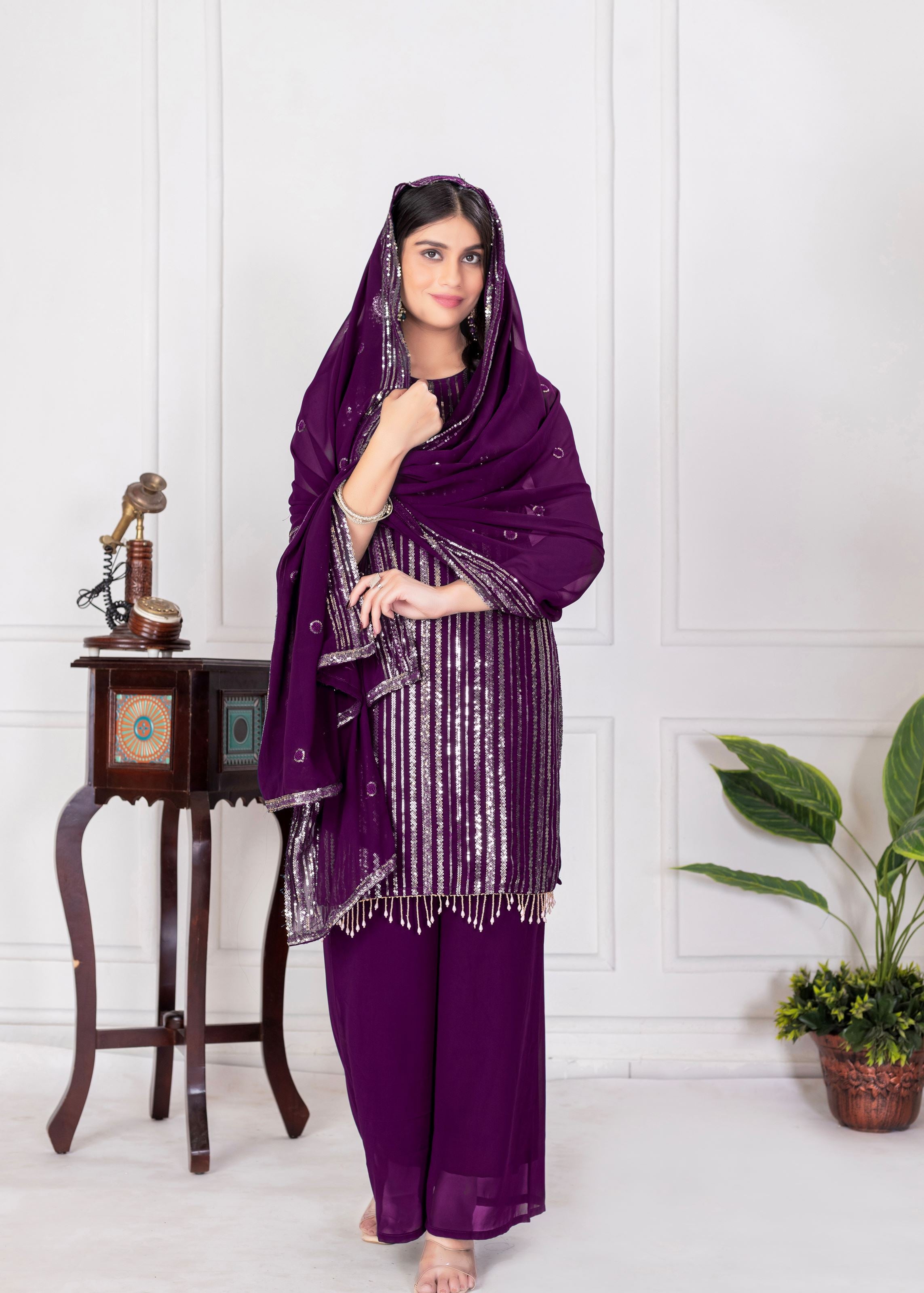 Purple Sharara Dress With Sequence Embroidered