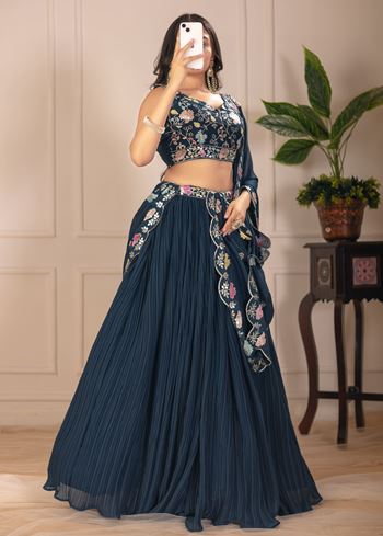 Rama Lehenga Choli With Embroidery With Multi Thread  Sequence Work