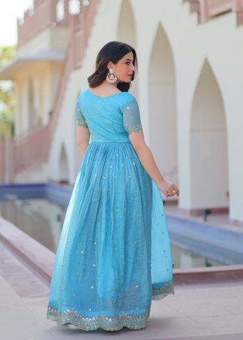 Sky Anarkali With Heavy Multi Thread Embroidery Zari Sequins-Work