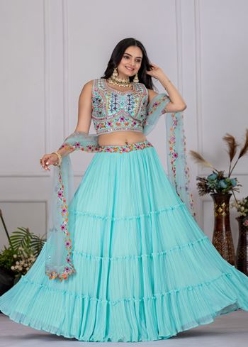Sky Lehenga Choli With Embroidery With Multi Thread  Sequence Work