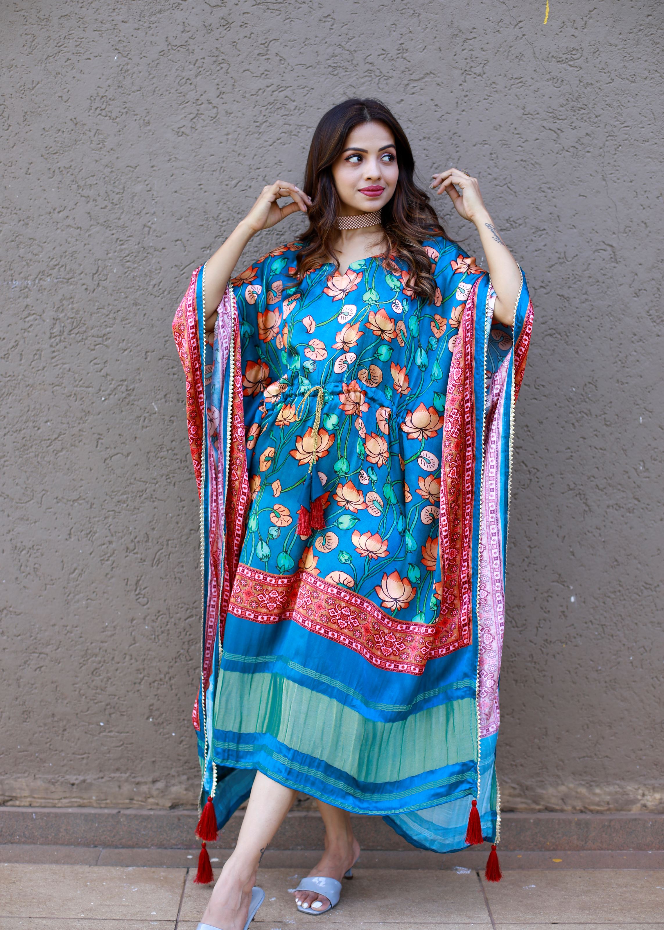 Teal Color Pure Gaji Silk Kaftan with Gotta Patti  Tassels
