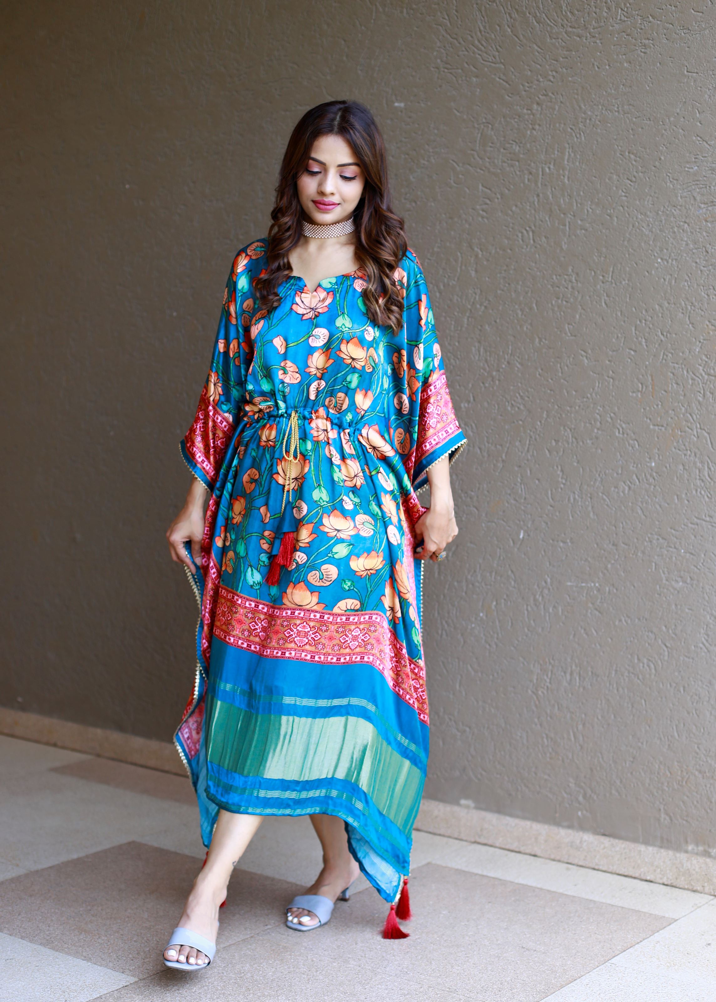 Teal Color Pure Gaji Silk Kaftan with Gotta Patti  Tassels