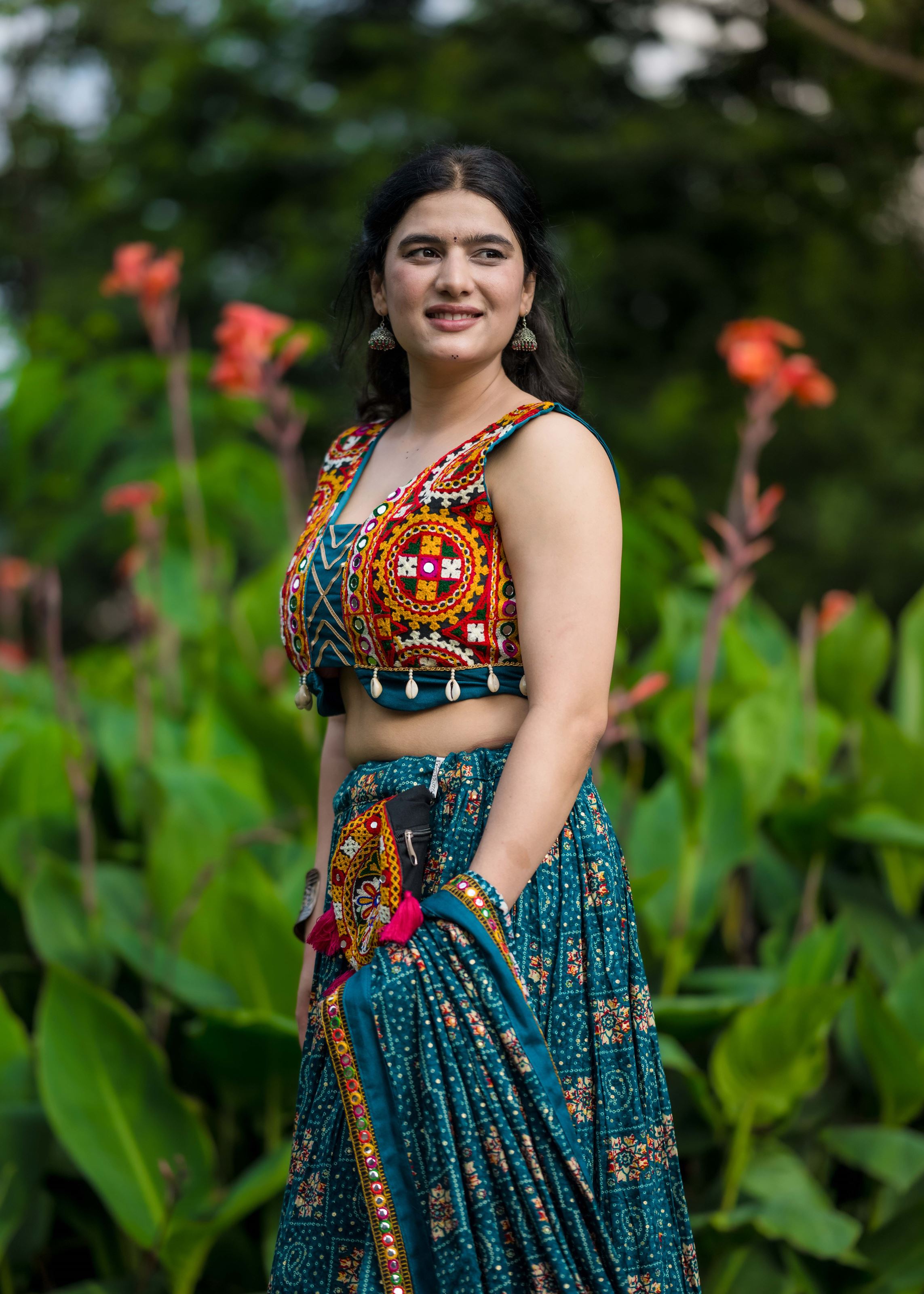 Teal Foil Work Lehenga Choli with Gamthi Patch and Lace Detailing