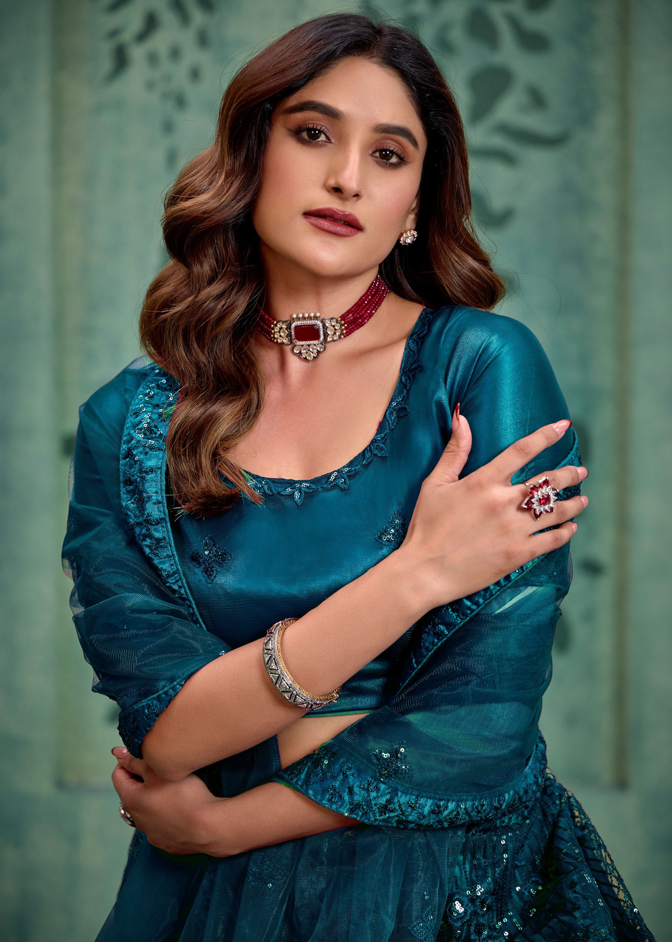 Teal  Lehenga Choli With Heavy Sequence Embroidered