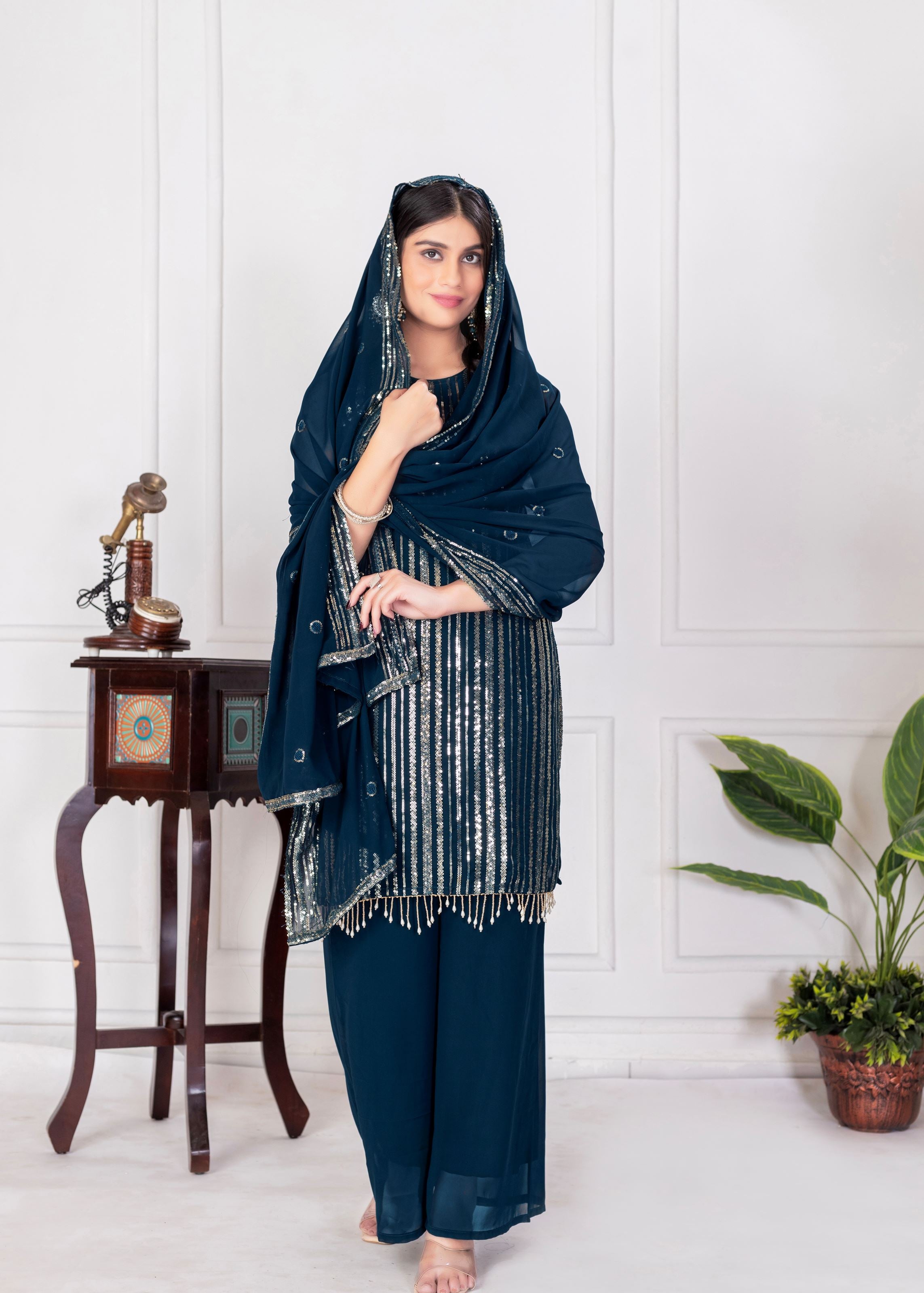 Teal Sharara Dress With Sequence Embroidered
