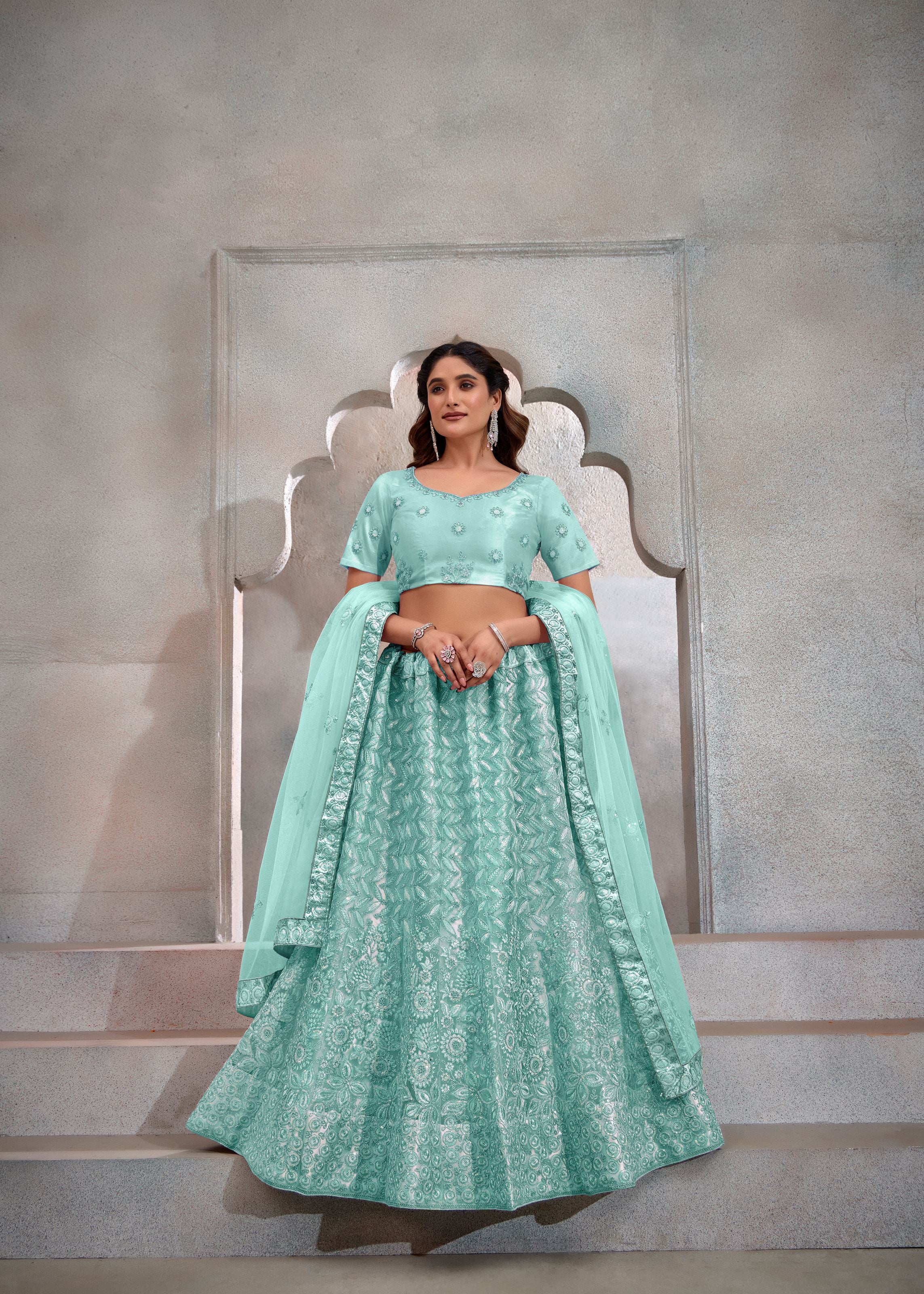 Turquoise Net Lehenga with Modern Sequin Embroidery