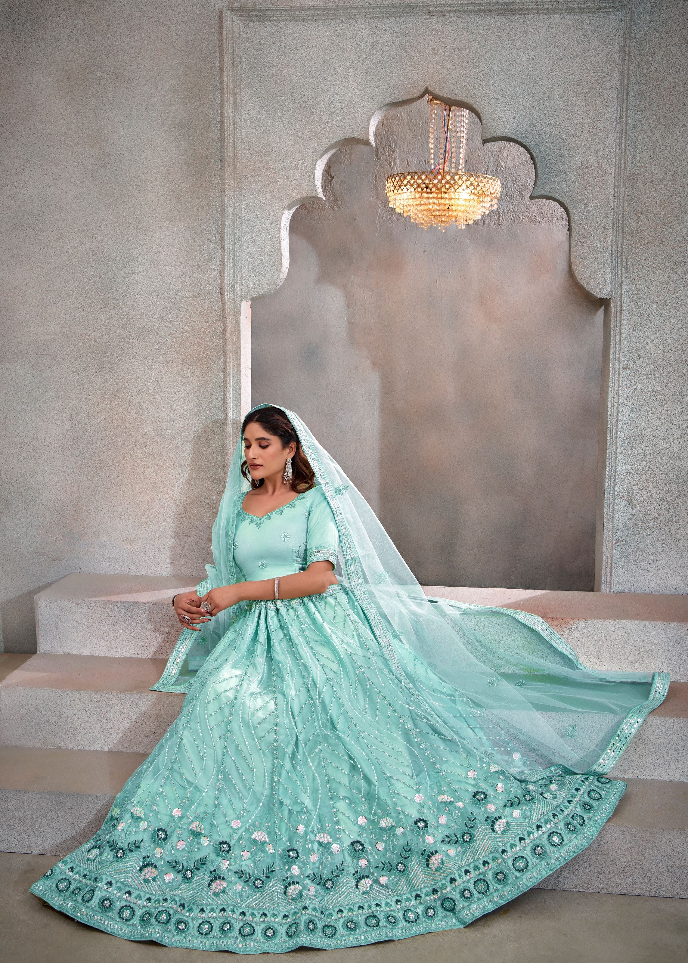 Turquoise Net Lehenga with Sequin Handwork