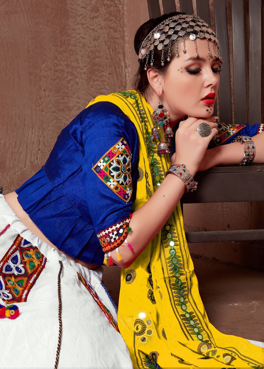 White And Blue Navratri Chaniya Choli With Gamthi Work Butta And  Tassels Lace