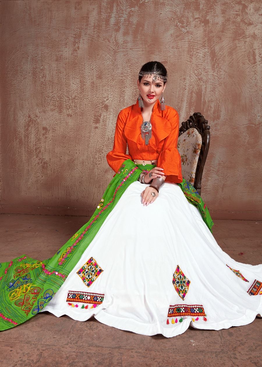White And Orange Navratri Chaniya Choli With Gamthi Work Butta And  Tassels Lace
