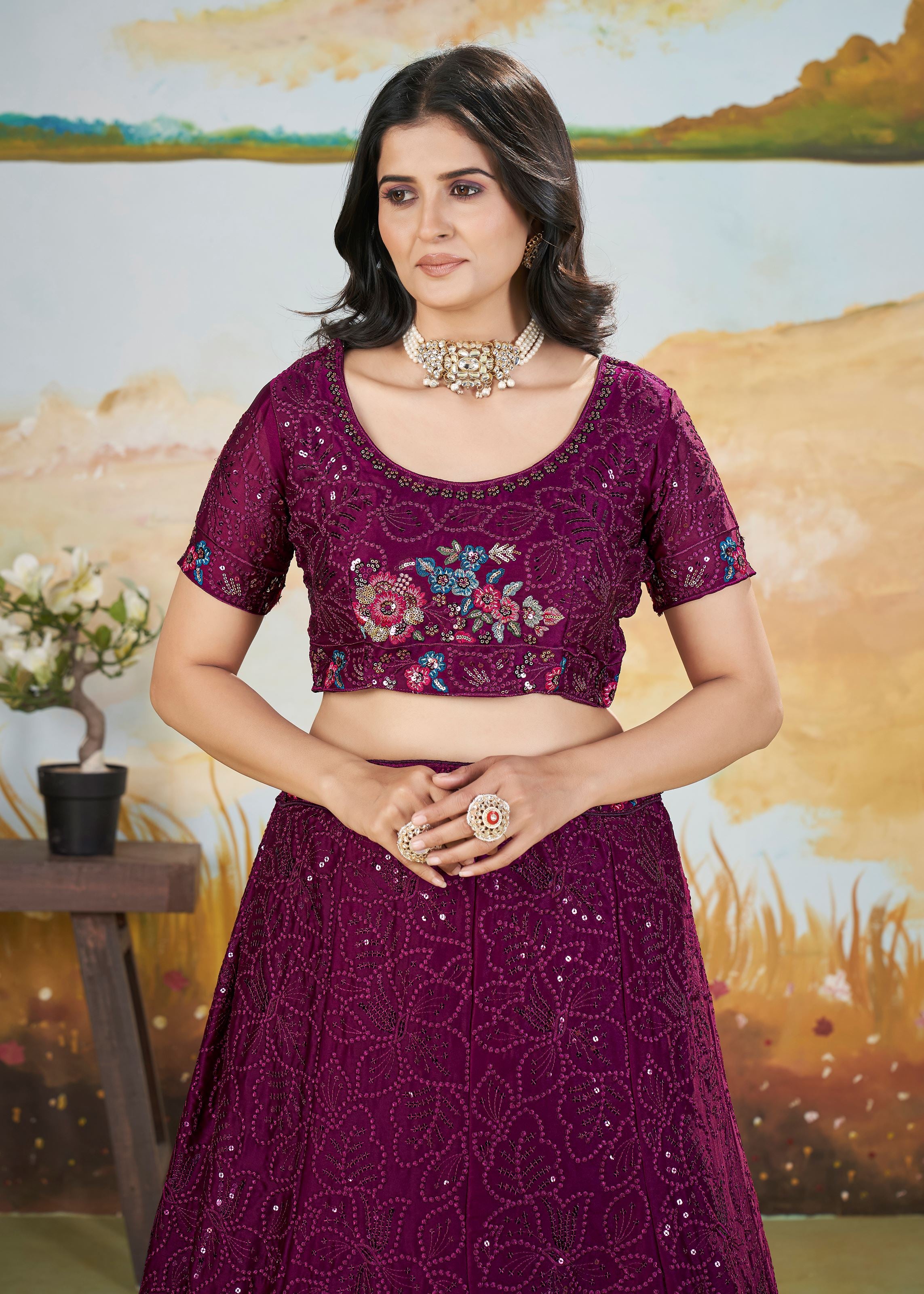 Wine Chinnon Lehenga with Floral Pattern  Sequin Work
