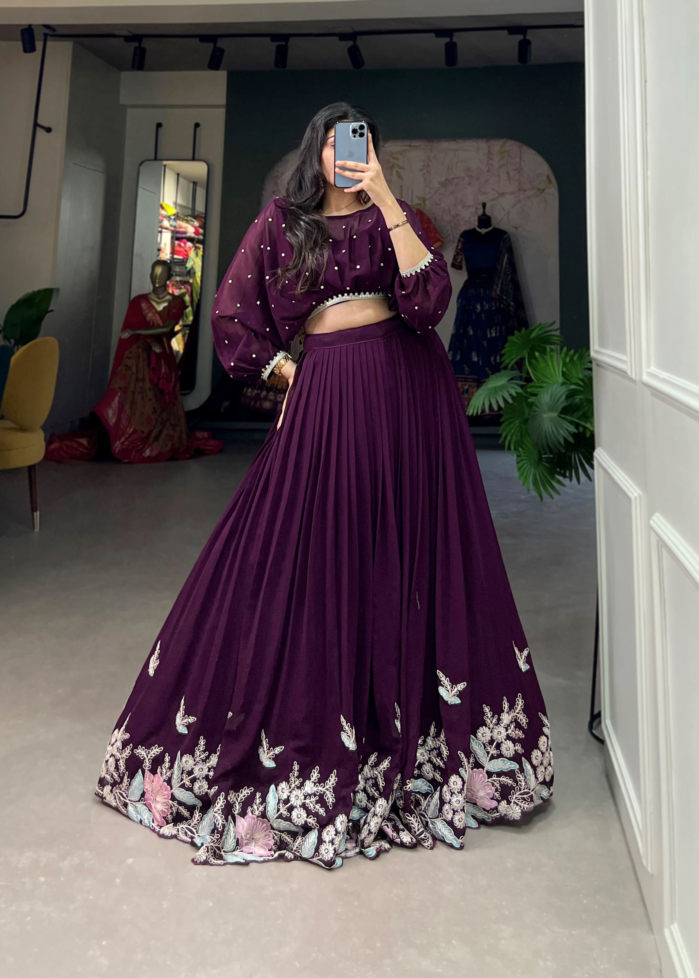 Wine Georgette Lehenga with Sequin and Thread Detailing Light  Elegant