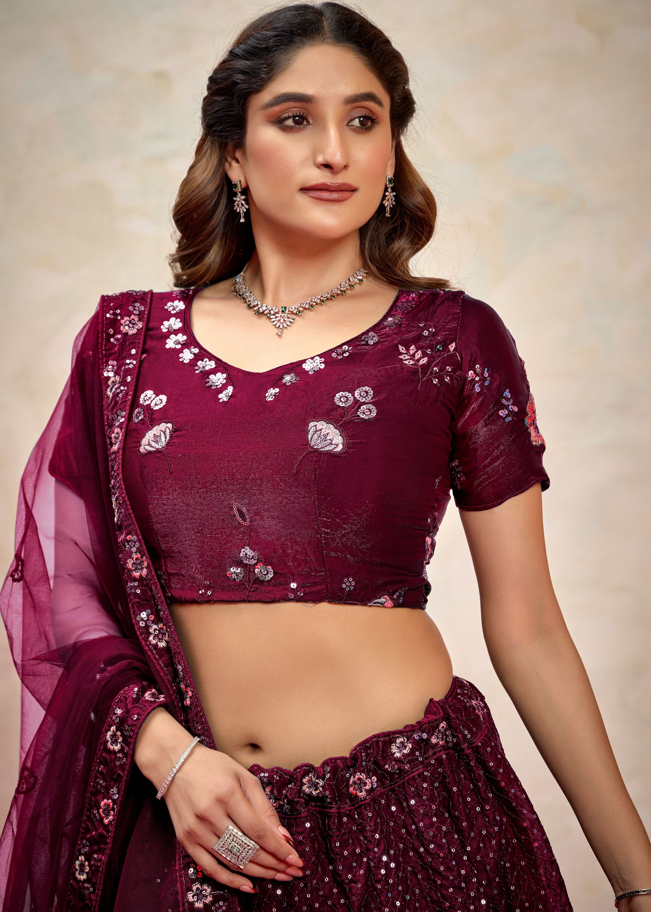 Wine Lehenga Choli With Heavy Sequence Embroidered