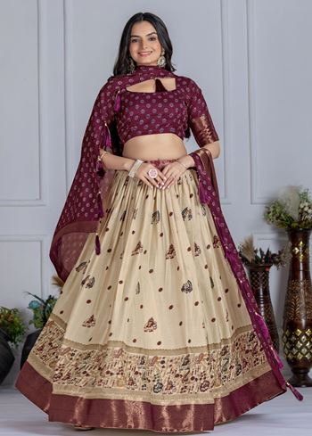 Wine Lehenga Choli With Jacquard With Jari Lining With Print
