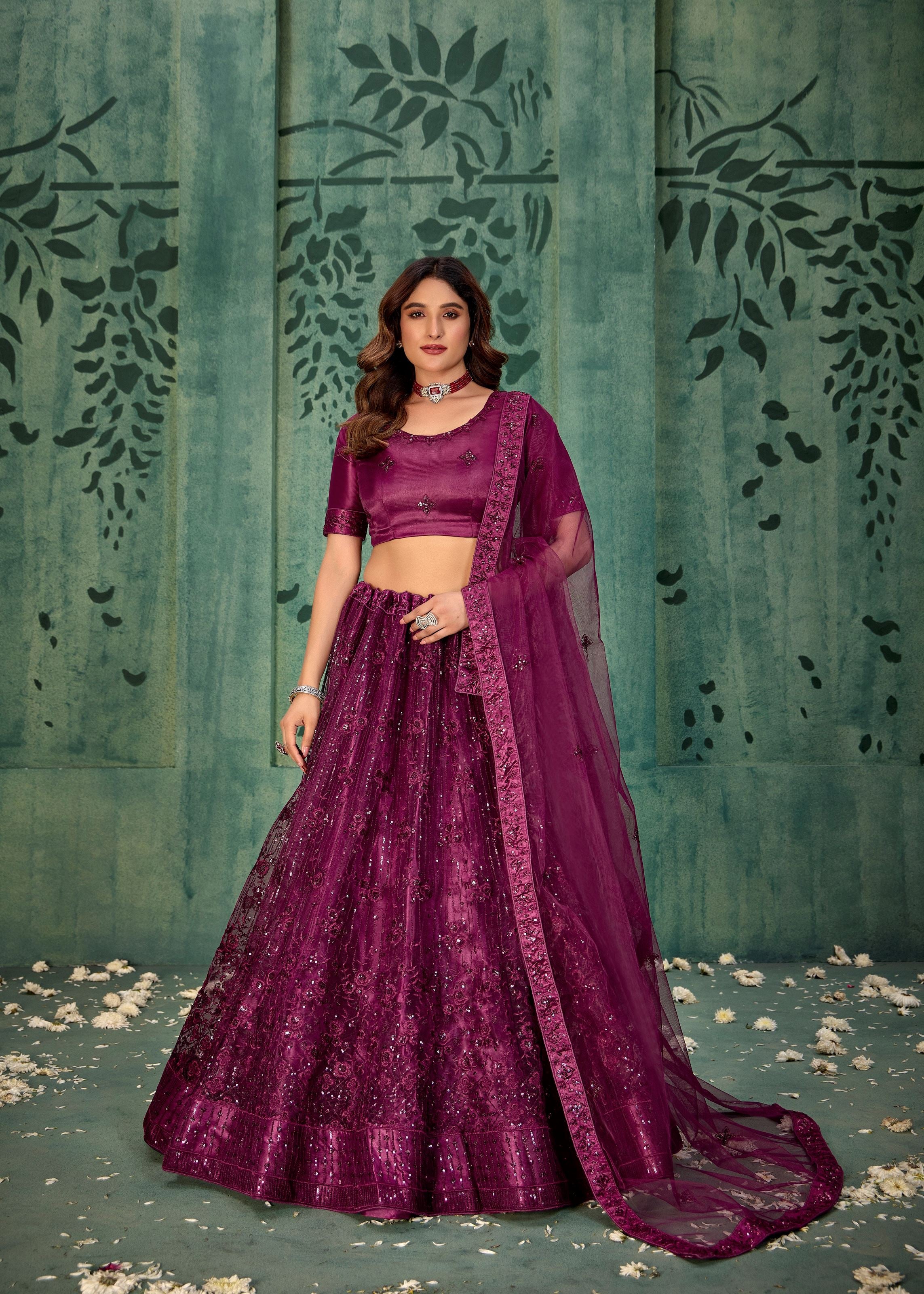 Wine Net Lehenga with Elegant Sequin Embroidery