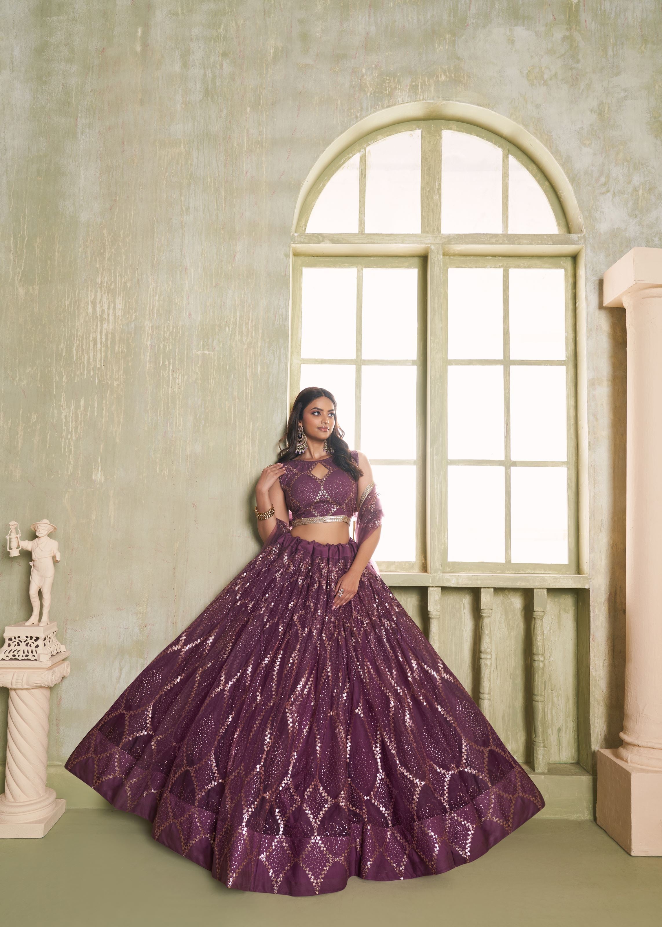 Wine Net Lehenga with Tone-to-Tone Zari  Sequence Embroidery