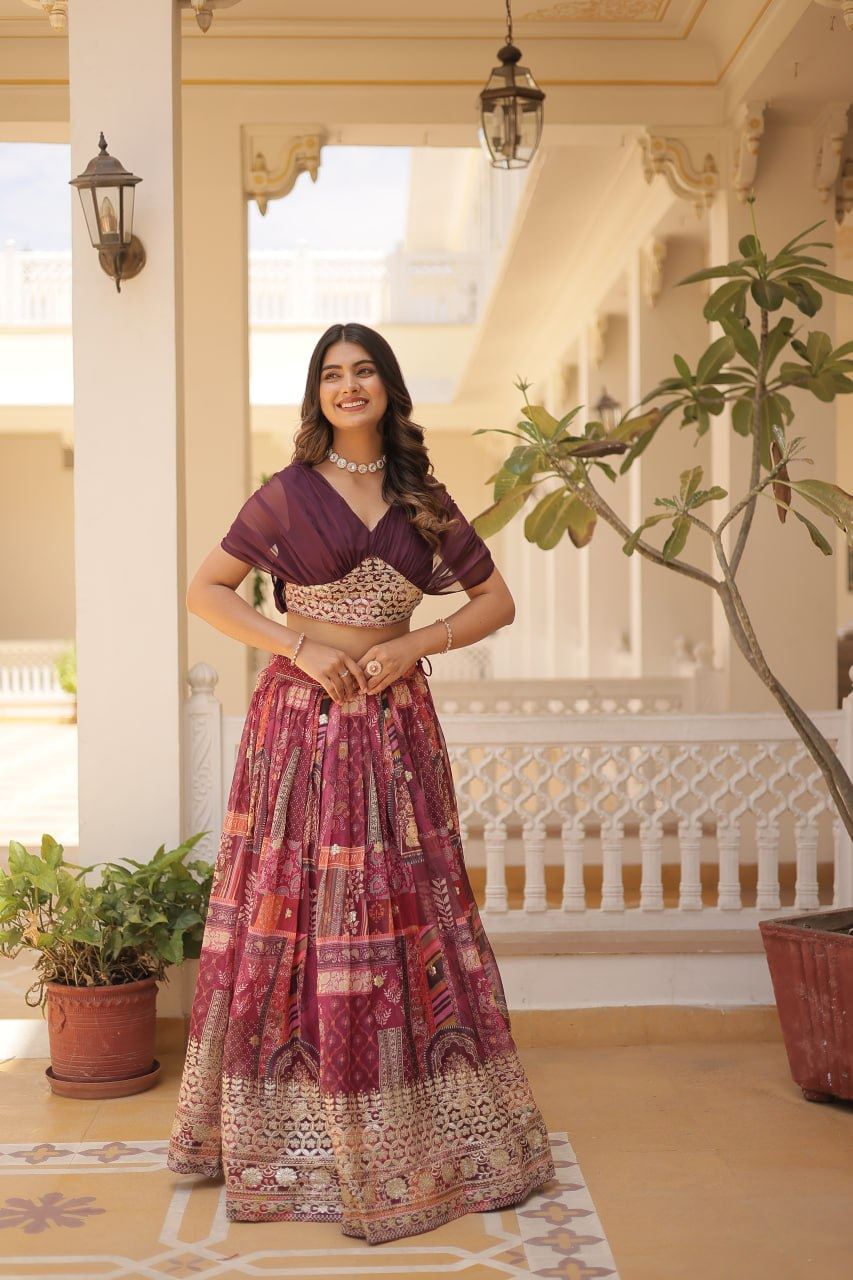 Wine Russian Silk Lehenga Choli With Digital Print With Foil Embroidery Work