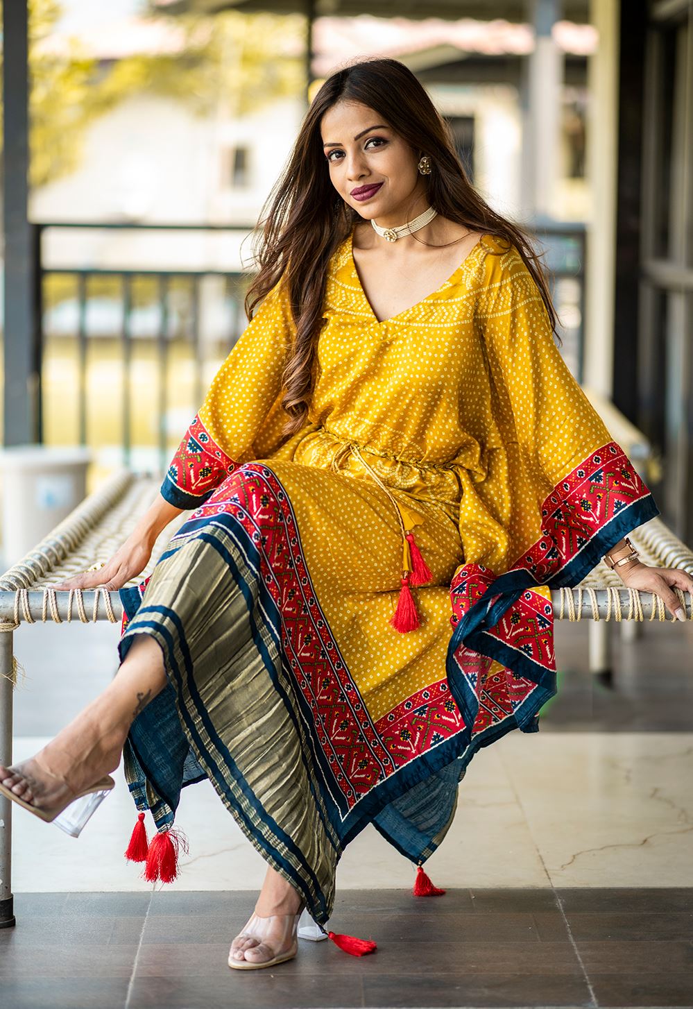Yellow Color Pure Gaji Silk Kaftan with Gotta Patti  Tassels
