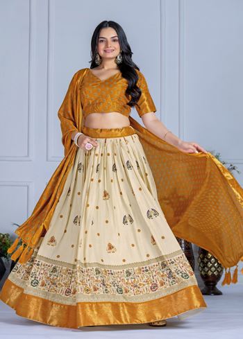 Yellow Lehenga Choli With Jacquard With Jari Lining With Print