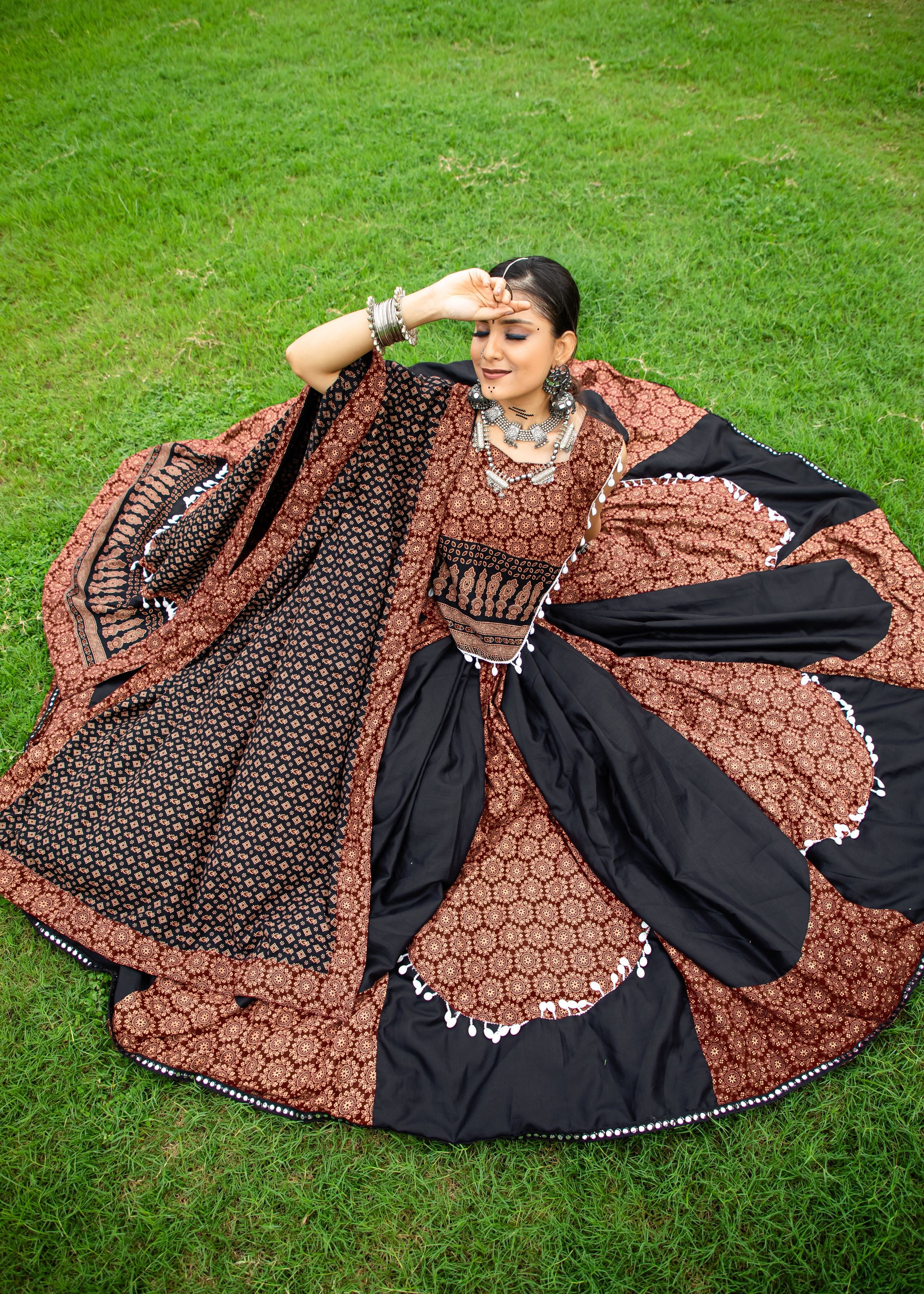 Black And Maroon Printed Navratri Chaniya Choli With Cowrie Work