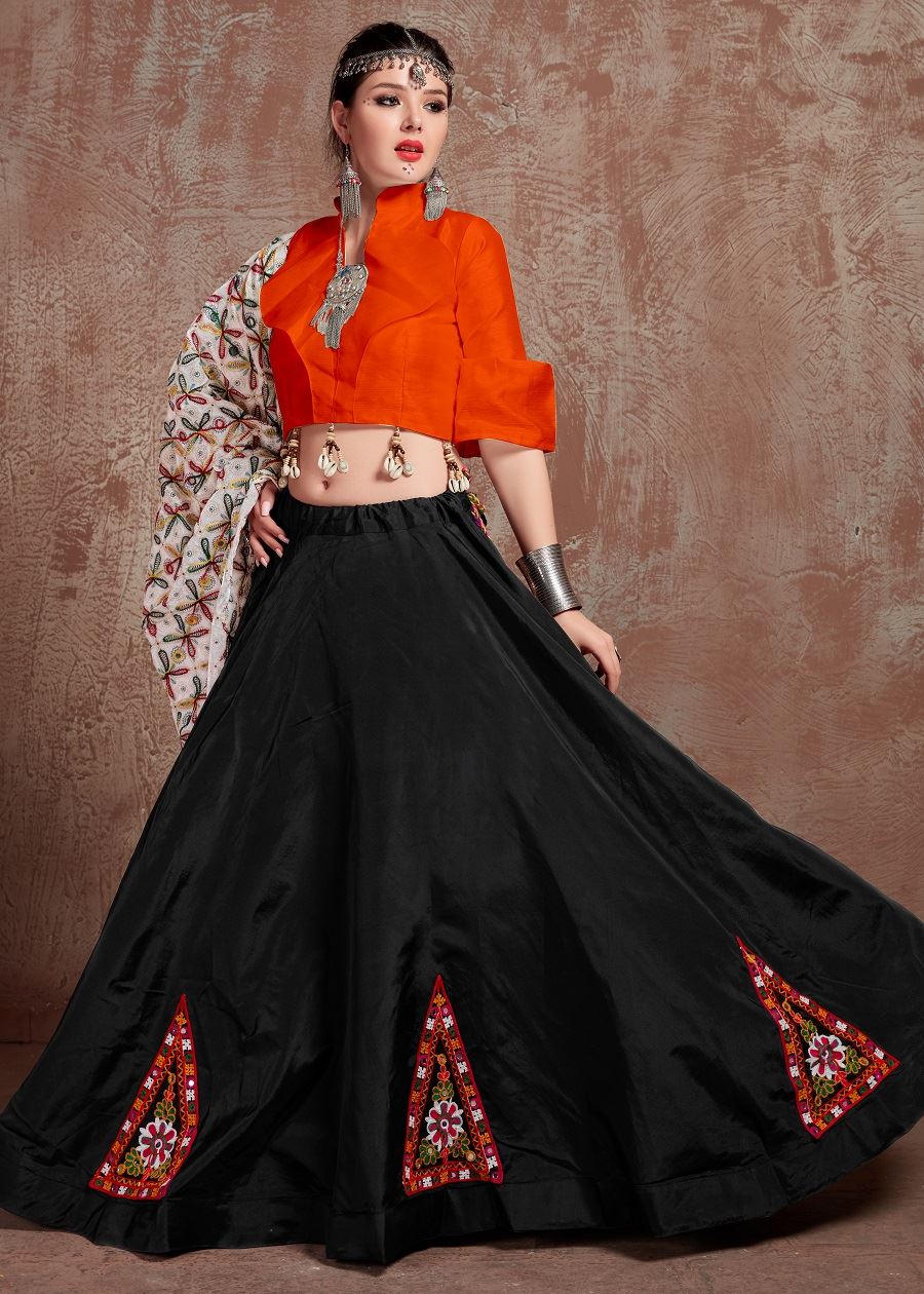 Black And Orange Navratri Chaniya Choli With Gamthi Work Butta And  Tassels Lace