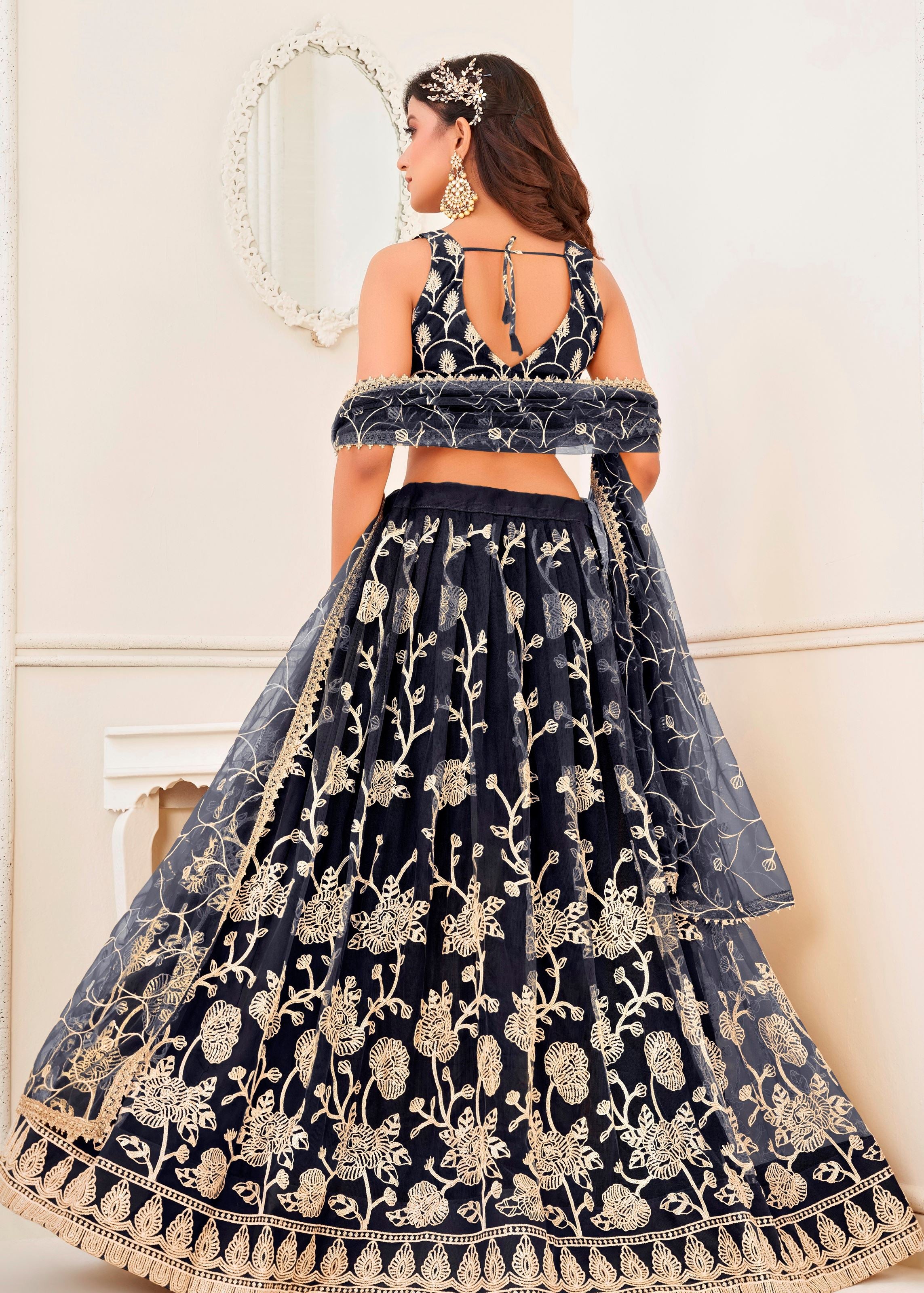 Black Butterfly Net Lehenga Choli With Embroidery And Sequins Work