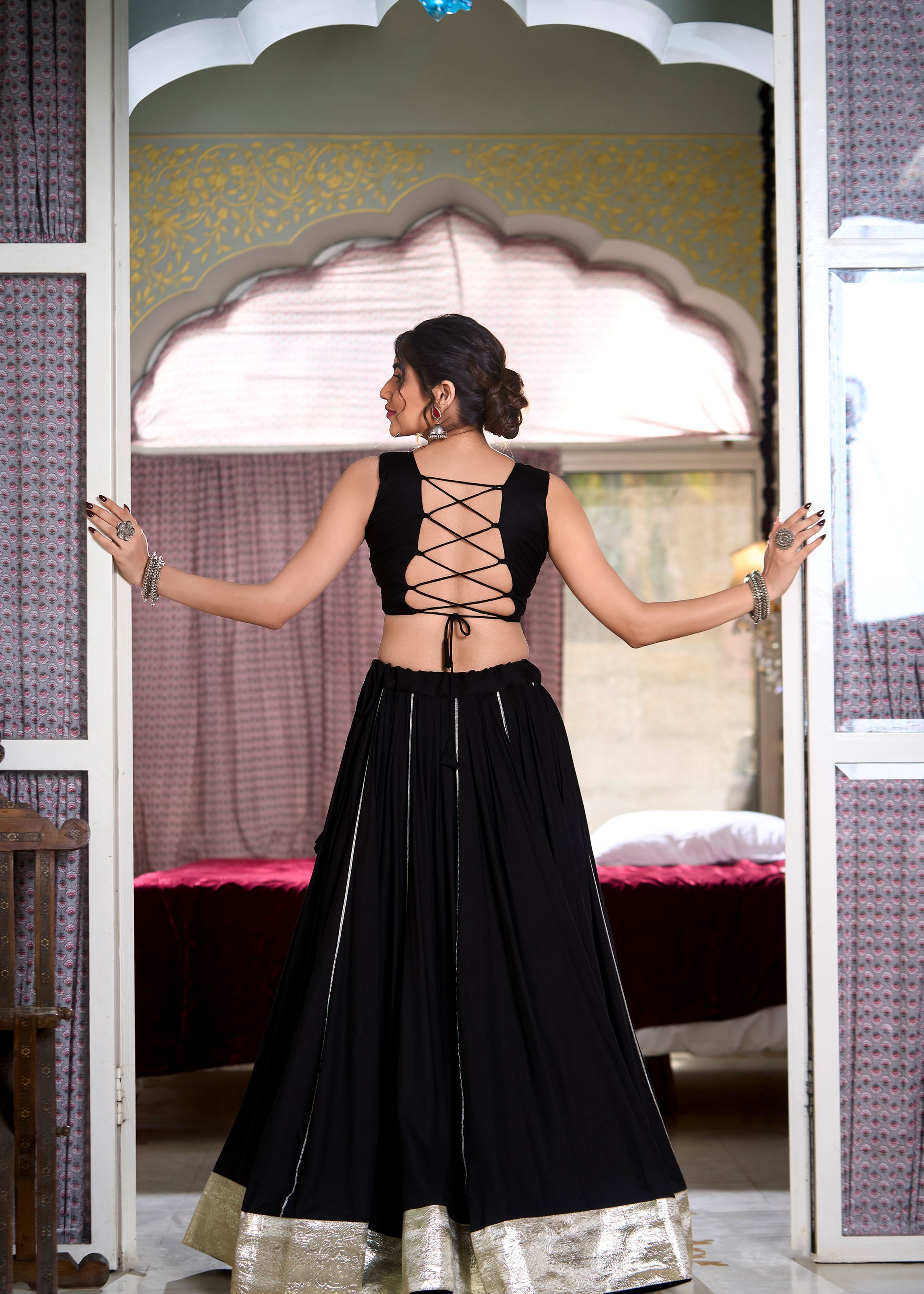 Black Classic Rayon Lehenga Choli with Lace Border  Gota Patti