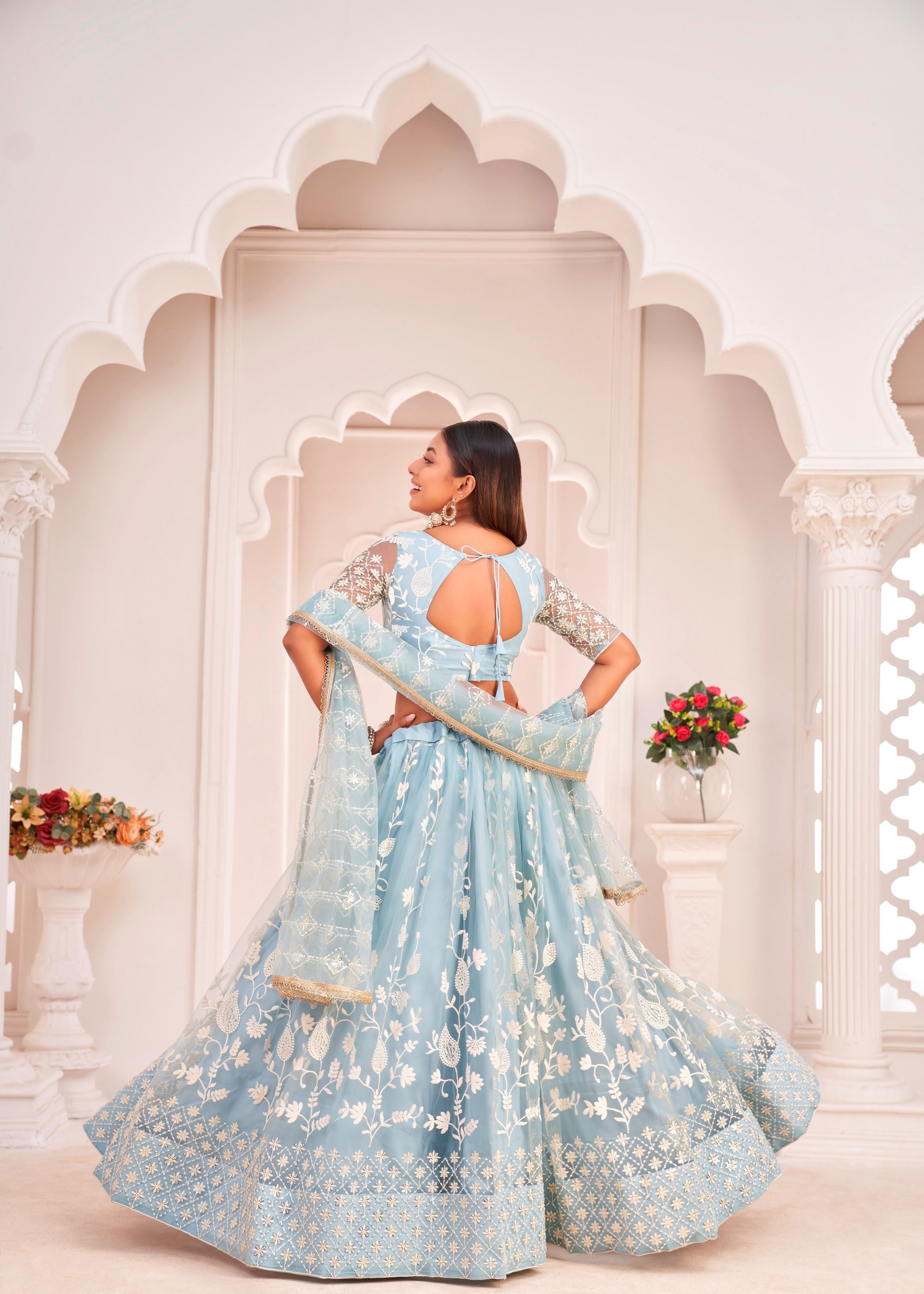 Blue Butterfly Net Lehenga Choli With Thread Embroidery Work