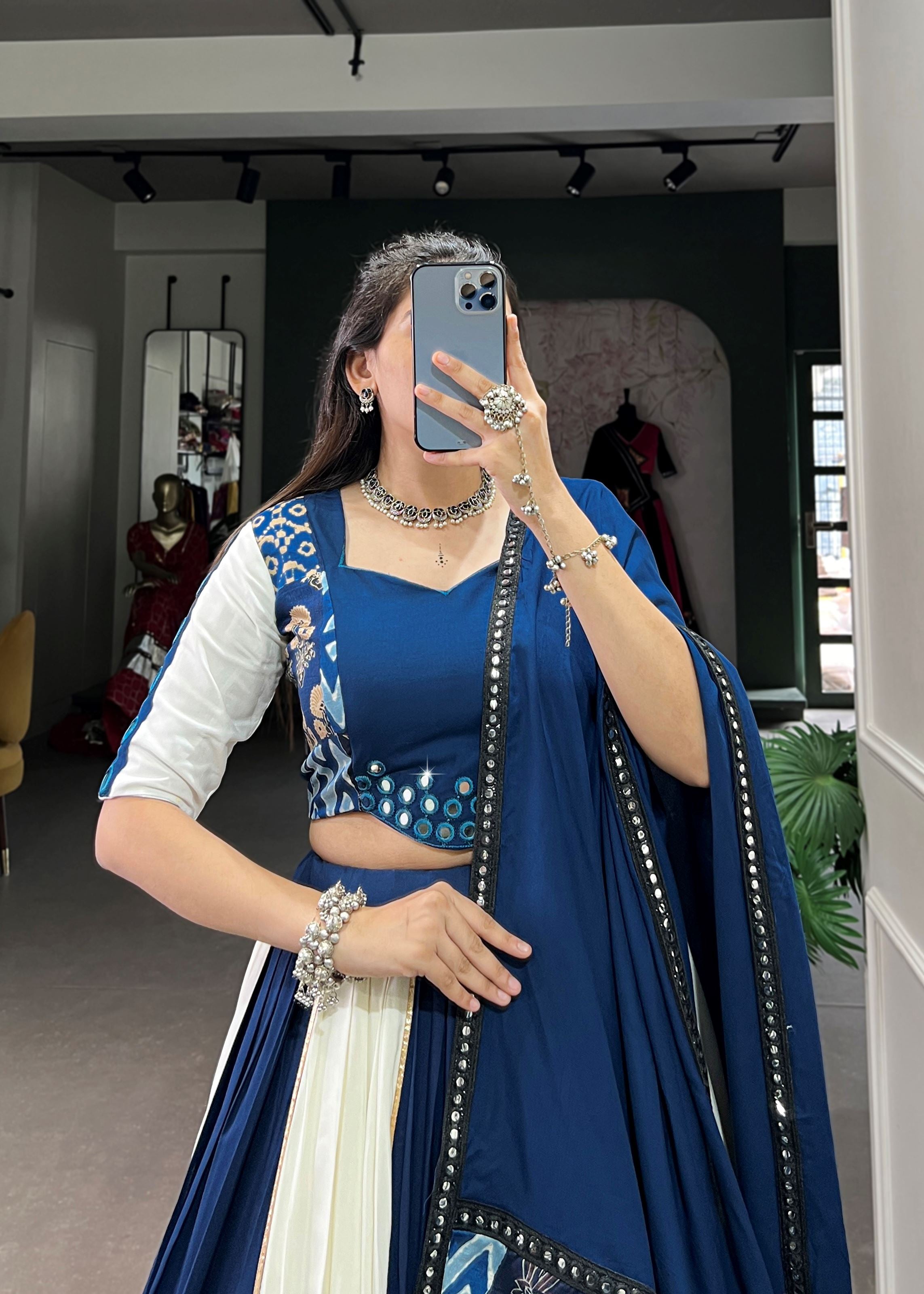 Blue Printed  Plain Rayon Lehenga with Mirror Lace and Gota Patti Sparkle