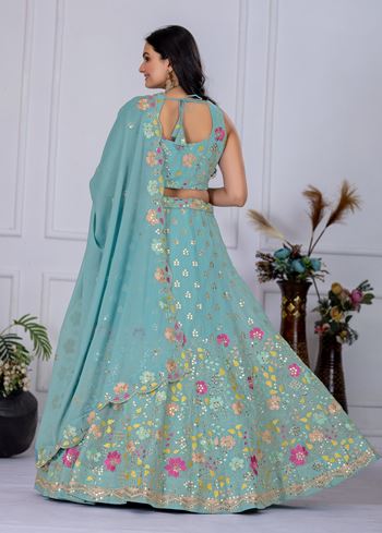 Firozi Lehenga Choli With Embroidery With Multi Thread  Sequence Work