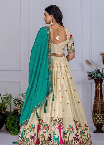 Beige Lehenga Choli With Heavy Embroidery With Multi Color Thread  Sequence Work