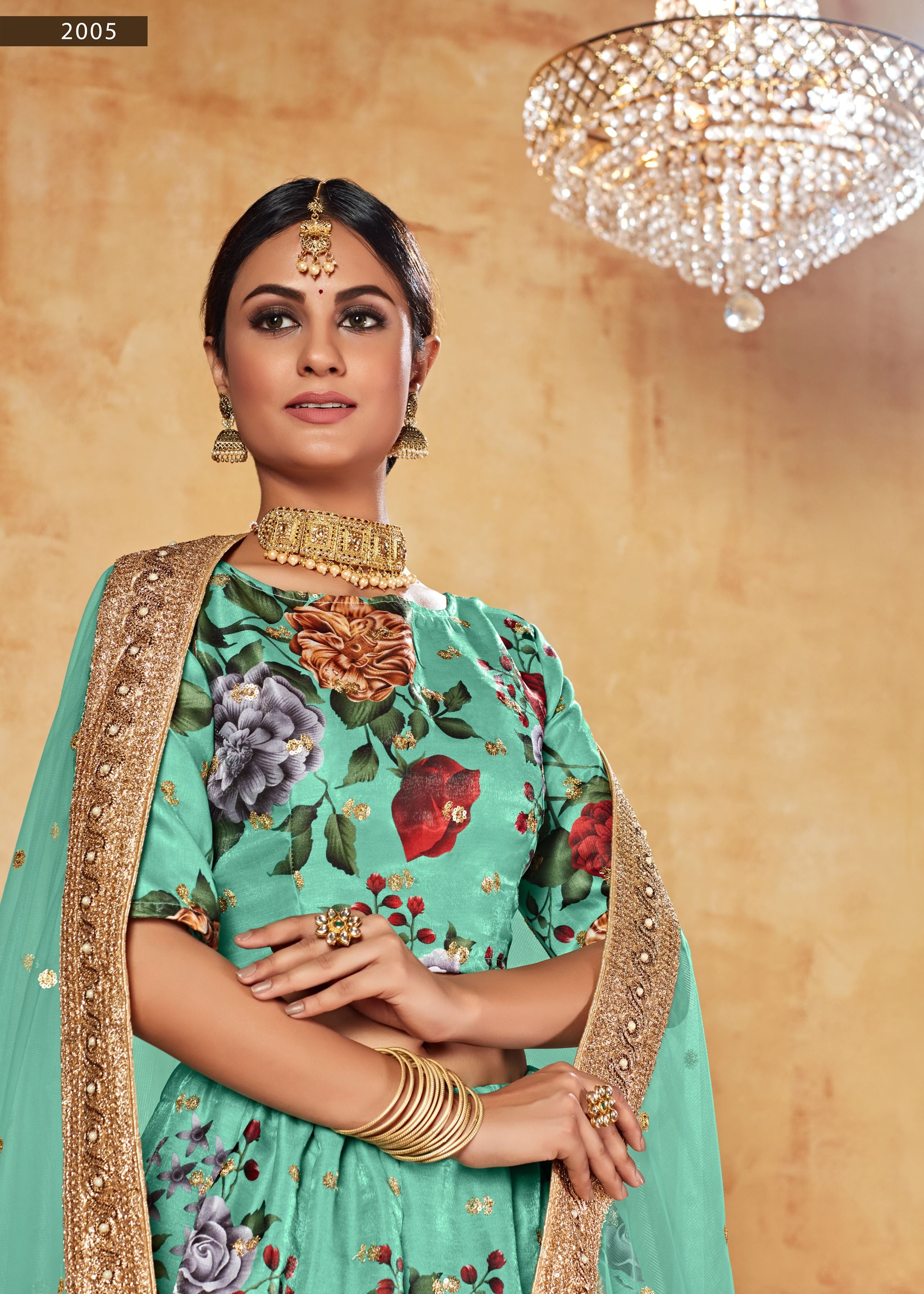 Green Lehenga Choli With Digital Print And Dori With Jari Sequins Butti,Embroidered Border And Pearl Work