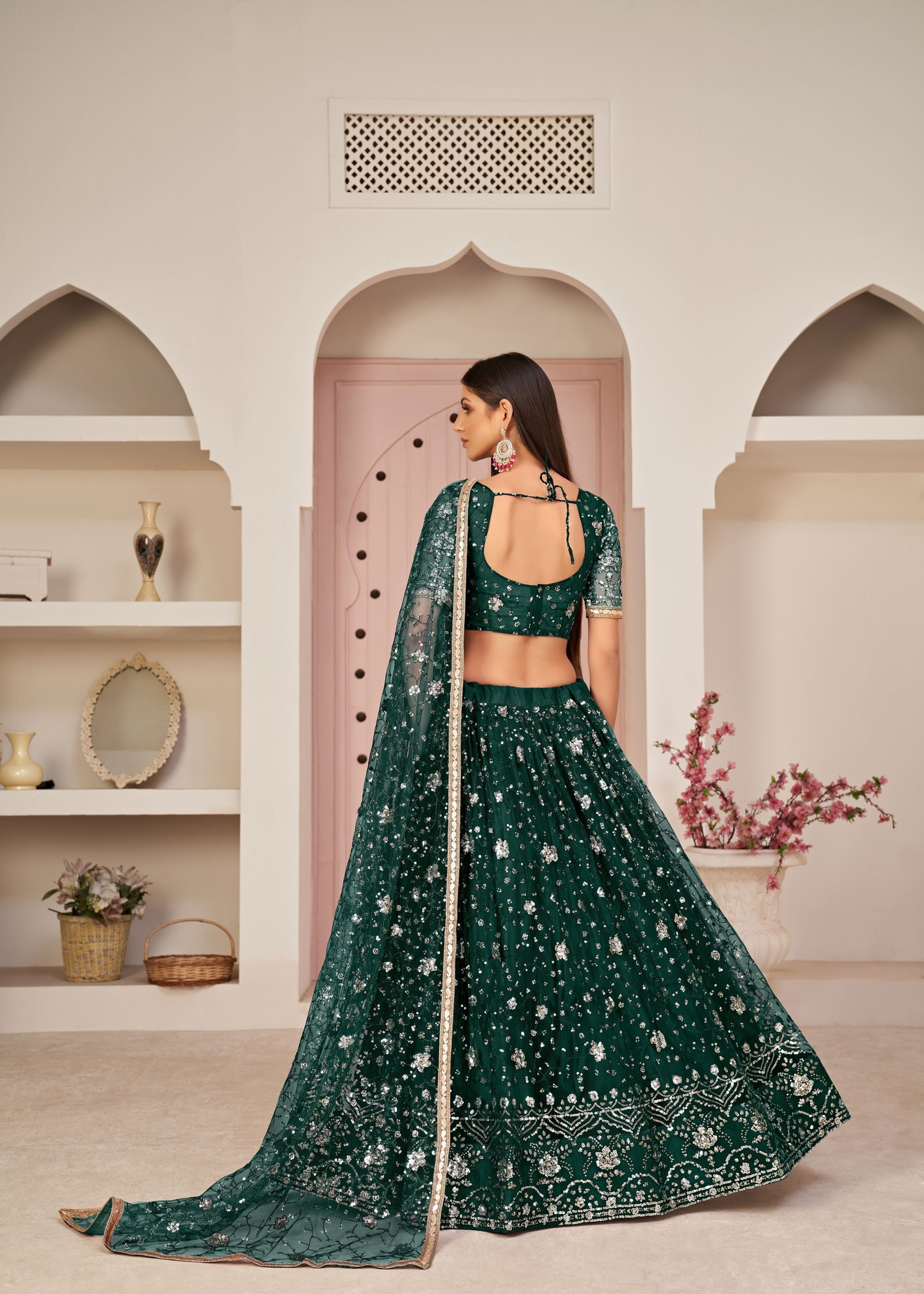 Green Net Lehenga Choli With Thread Embroidery Work