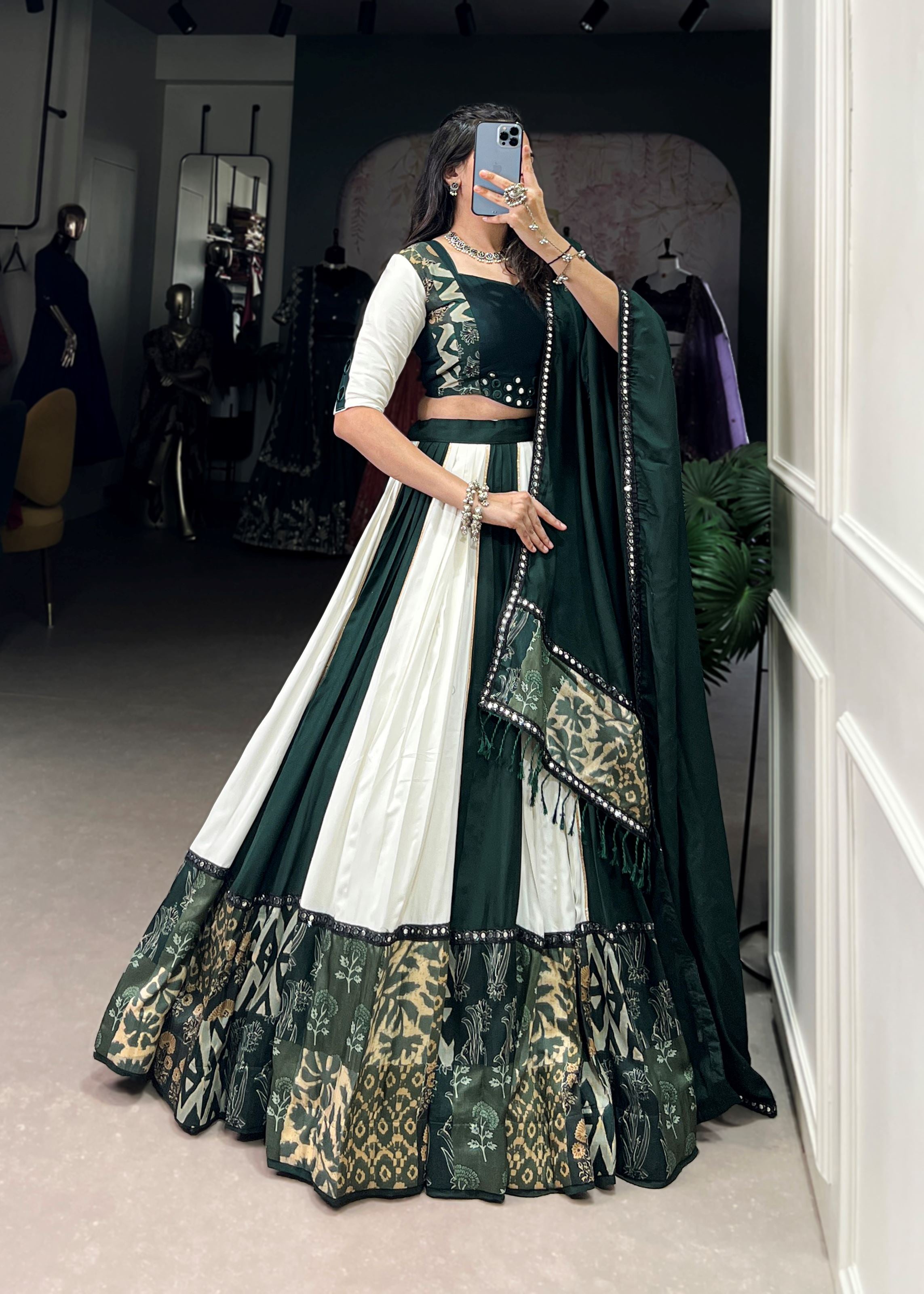 Green Printed  Plain Rayon Lehenga with Mirror Lace and Gota Patti Sparkle