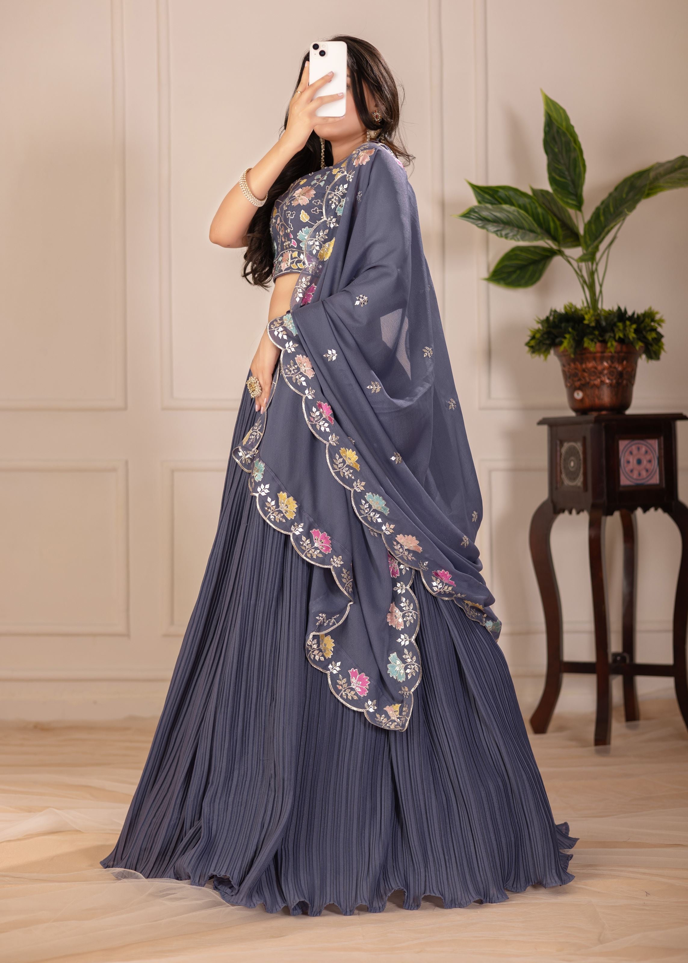 Grey Lehenga Choli With Embroidery With Multi Thread  Sequence Work