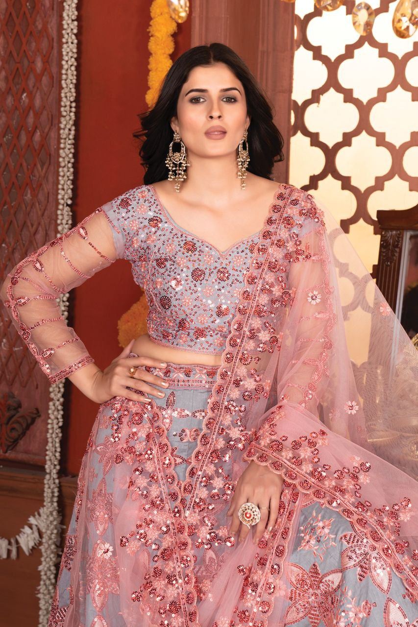 Grey Lehenga Choli With Thread Embroidery  And Heavy Sequins Work