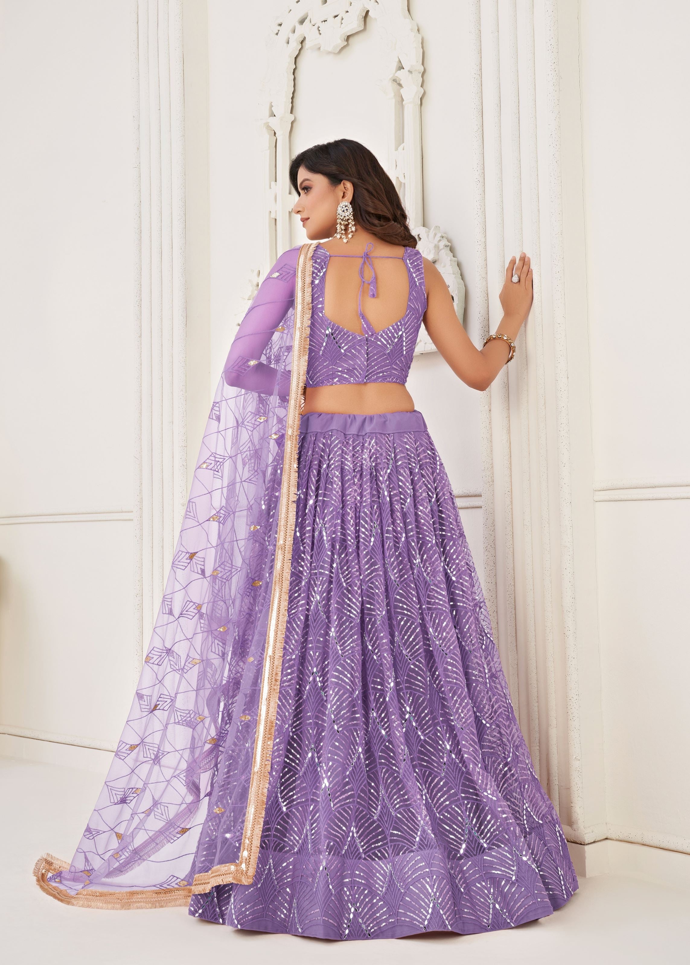 Lavender Net Lehenga Choli With Thread Embroidery Real Mirror Work