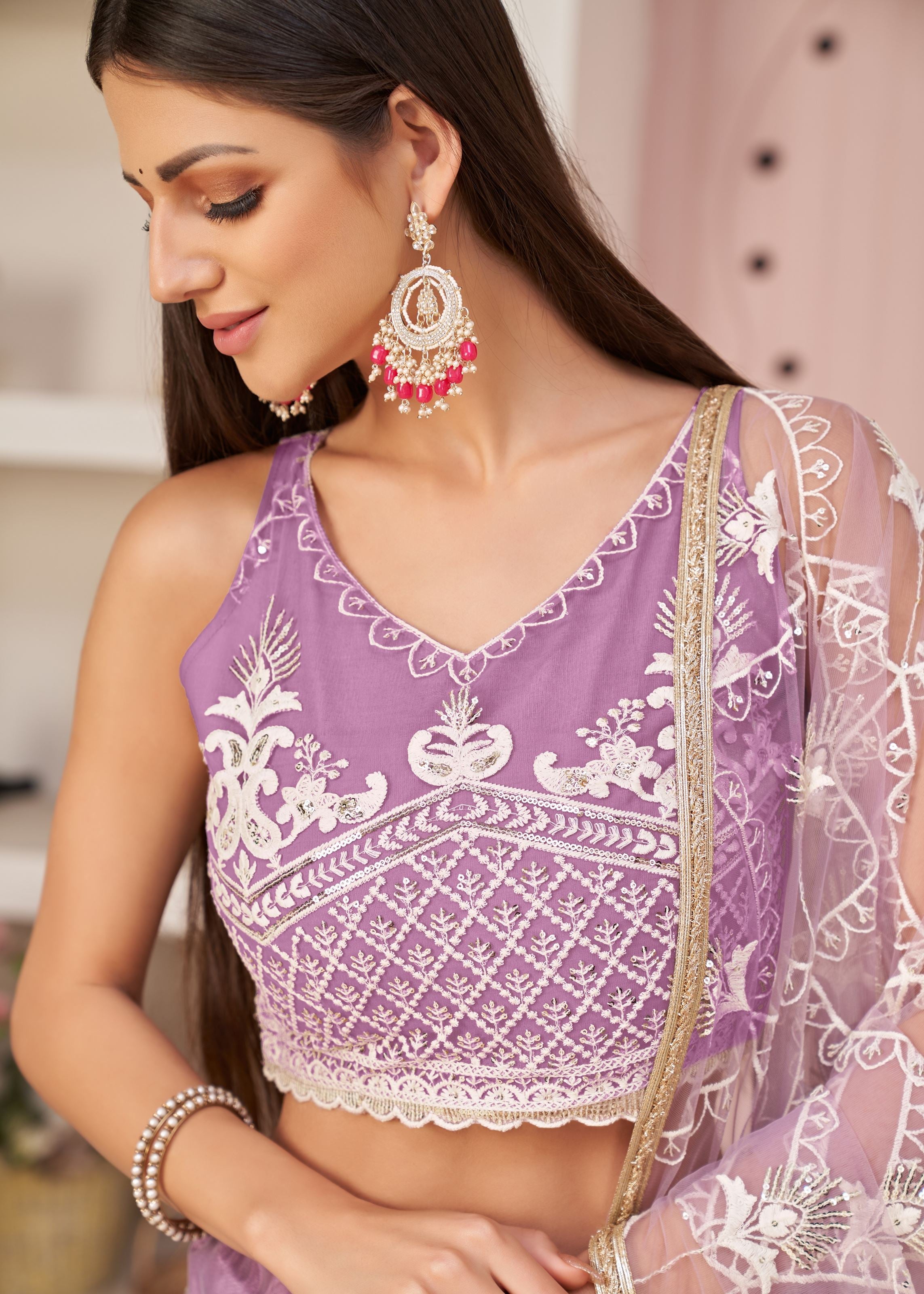 Lavender Net Lehenga Choli With Thread Embroidery Work