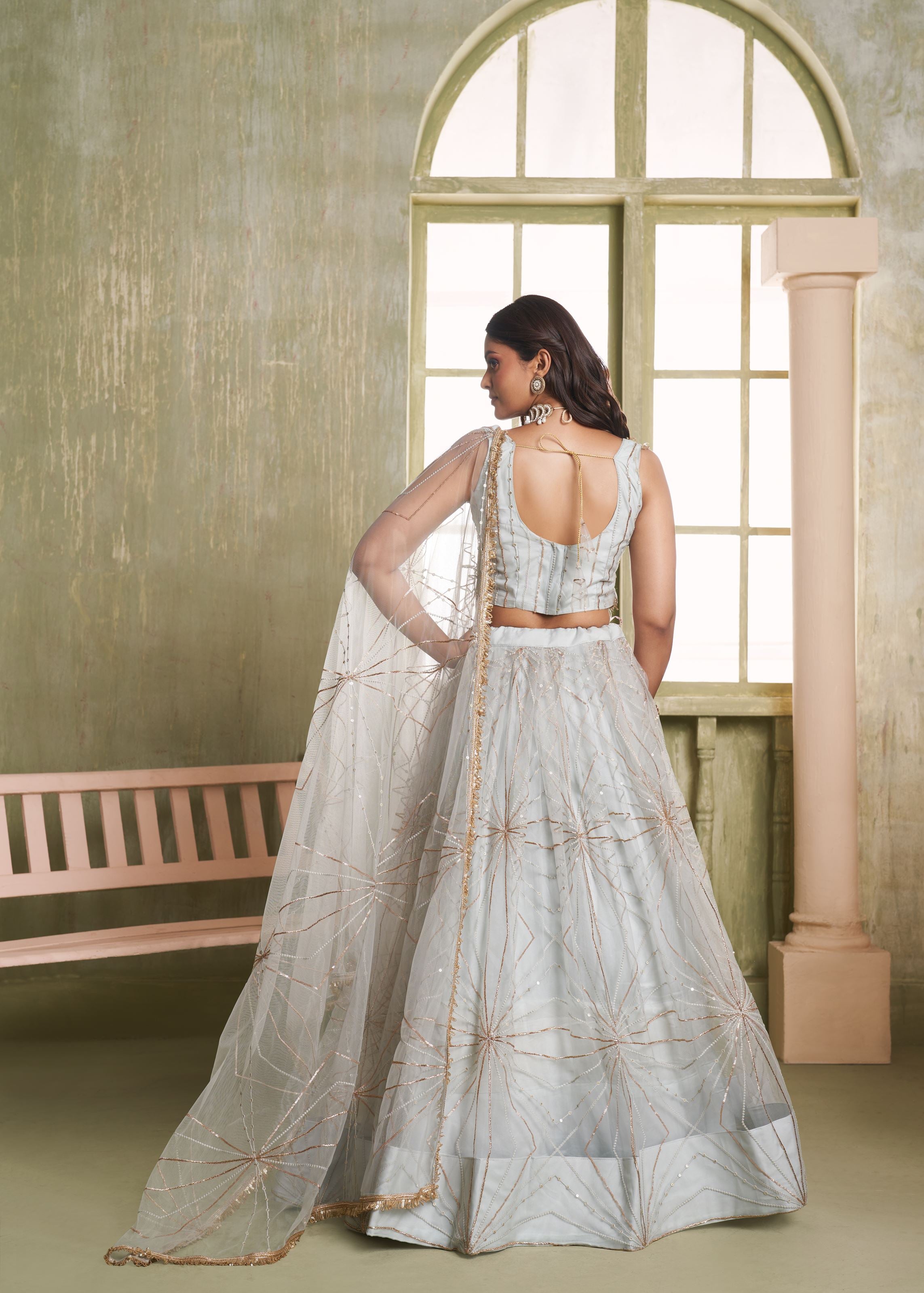 Light Grey Net Lehenga with Thread Zari  Sequence Detailing