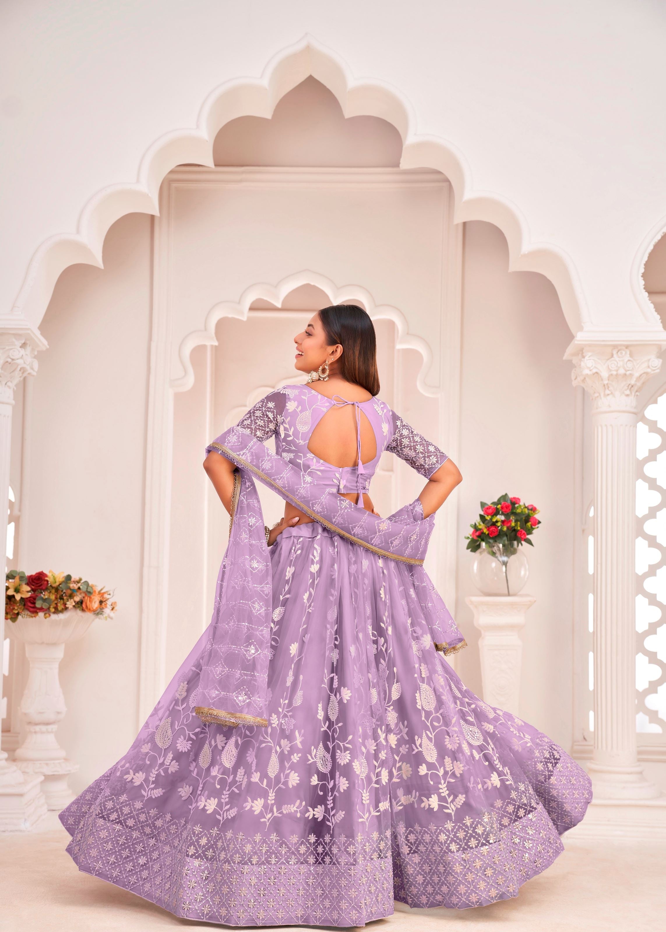 Lightpurple Butterfly Net Lehenga Choli With Thread Embroidery Work