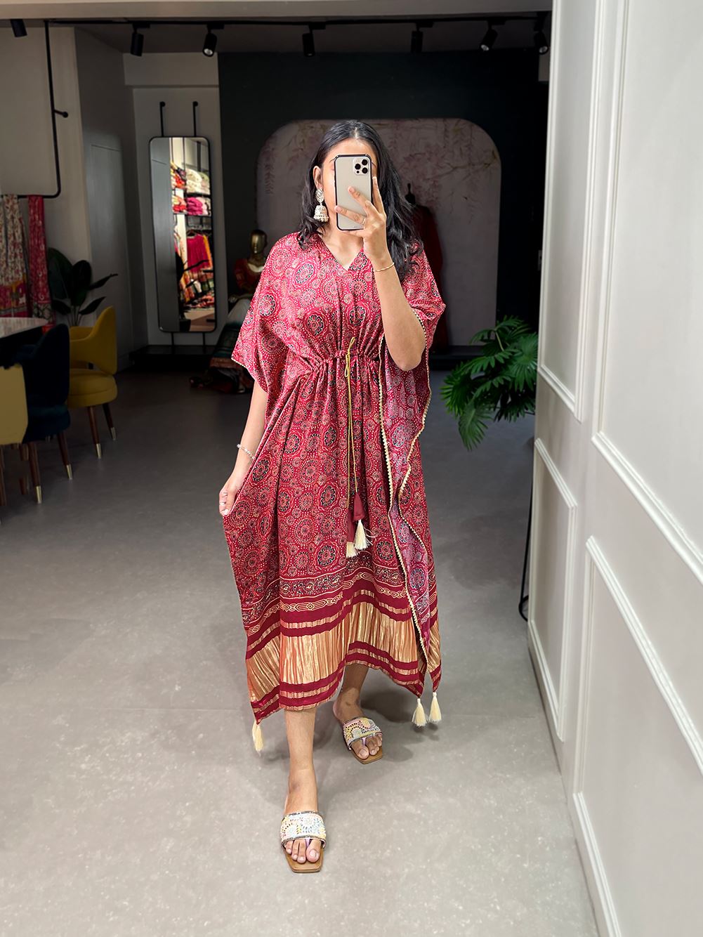 Maroon Color Pure Gaji Silk Kaftan with Gotta Patti  Tassels