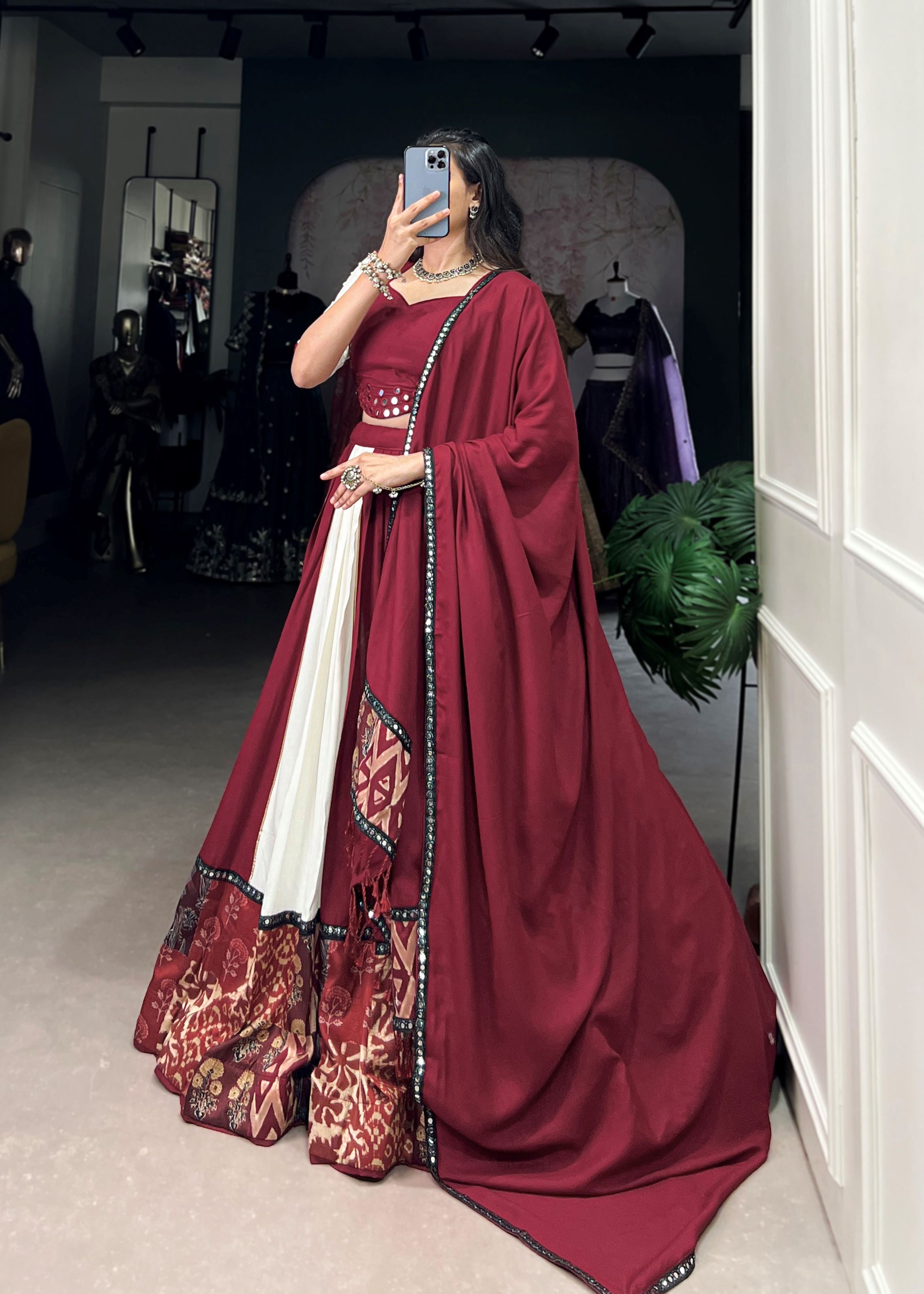 Maroon  Printed  Plain Rayon Lehenga with Mirror Lace and Gota Patti Sparkle