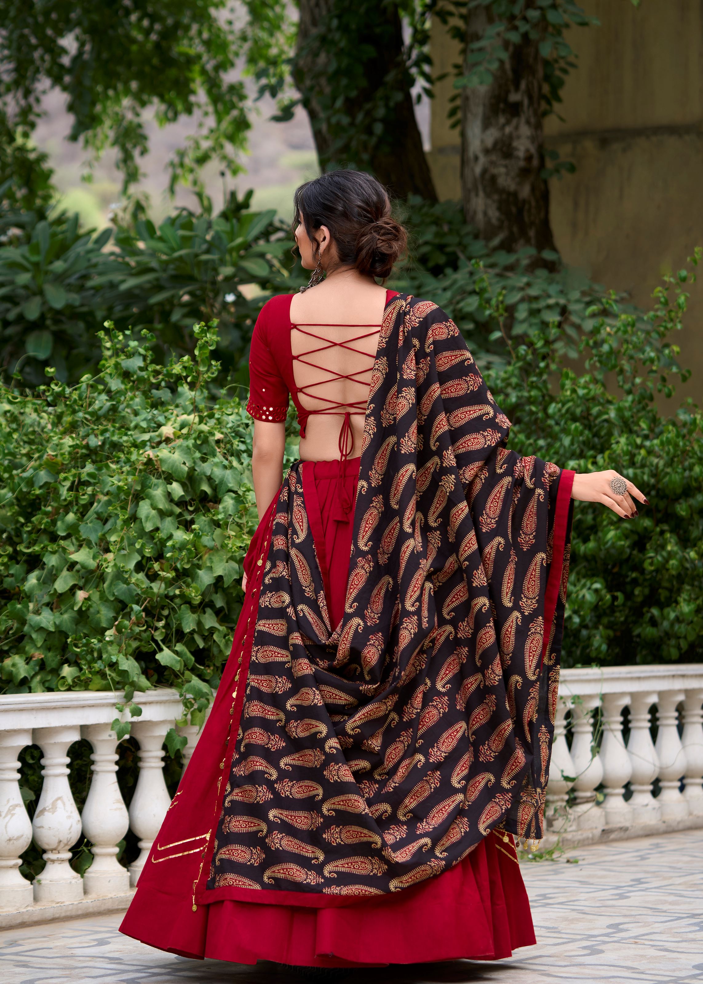 Maroon  Pure Cotton Plain Lehenga Choli Accented with Subtle Gota Patti Elegance