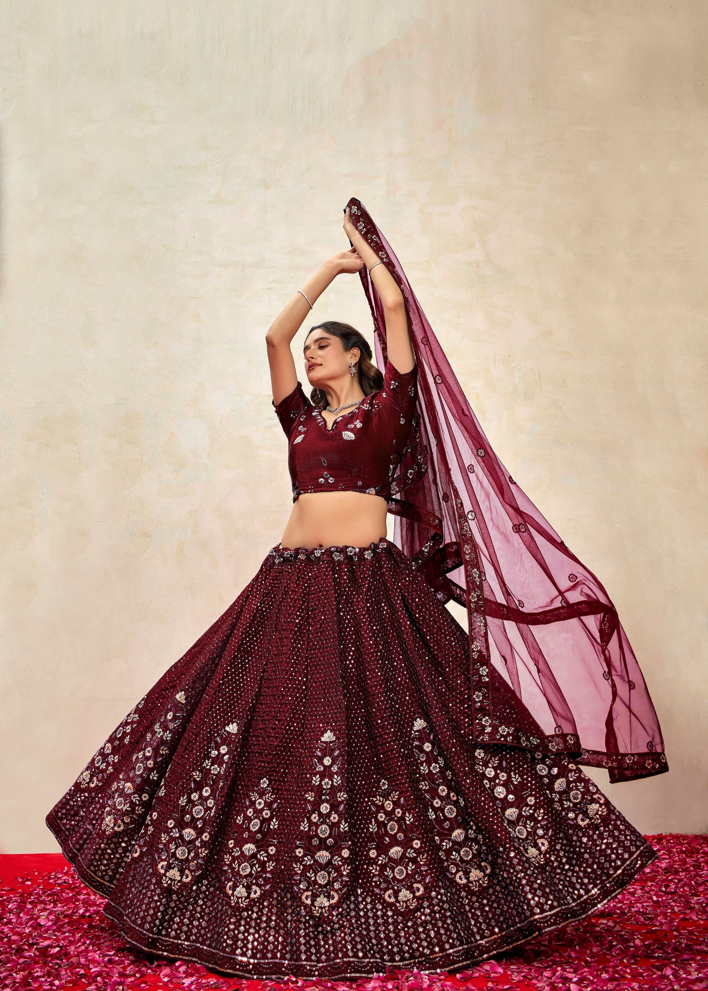 Maroon Silk Lehenga with Handworked Sequin Design