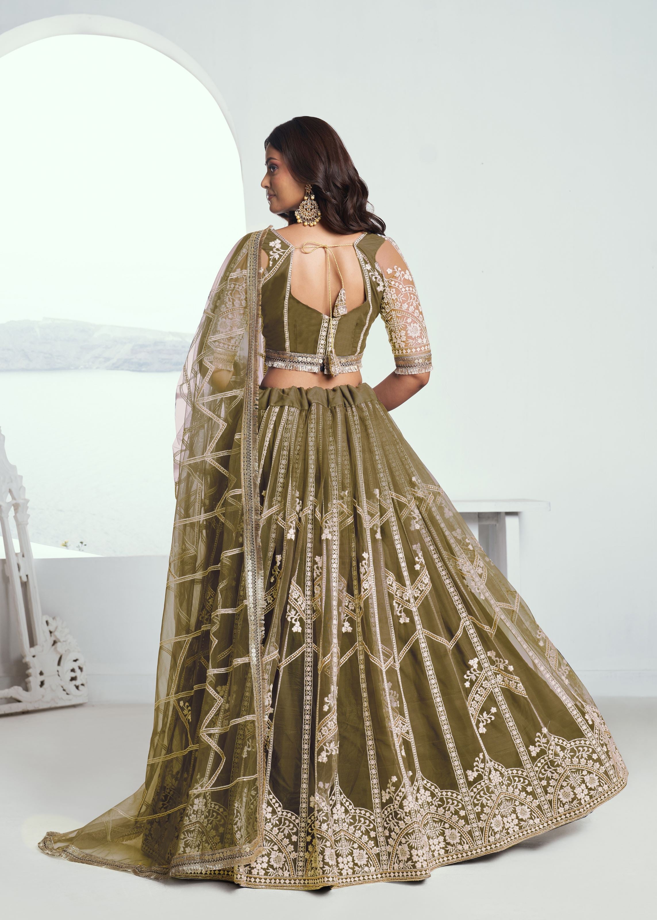Mehandi Green Lehenga Choli With Zari Work And Sequence Work Embroidery