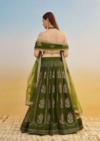 Mehendi green Lehenga Choli With Tone To Tone Thread Work Zari Work and Sequence Work Embroidery With Readymade Fancy Lace